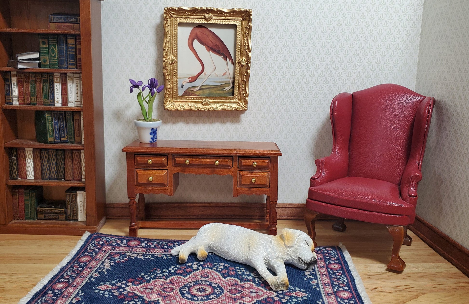 Miniature Pink Flamingo Print John James Audubon 1:12 Scale Dollhouse Gold Frame