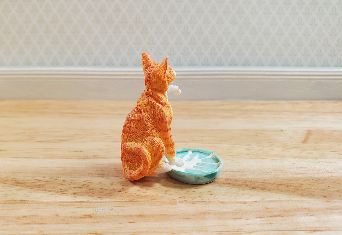 Miniature Kitty Cat Orange Tabby Stepping in Milk Dish 1:12 by Falcon Miniatures
