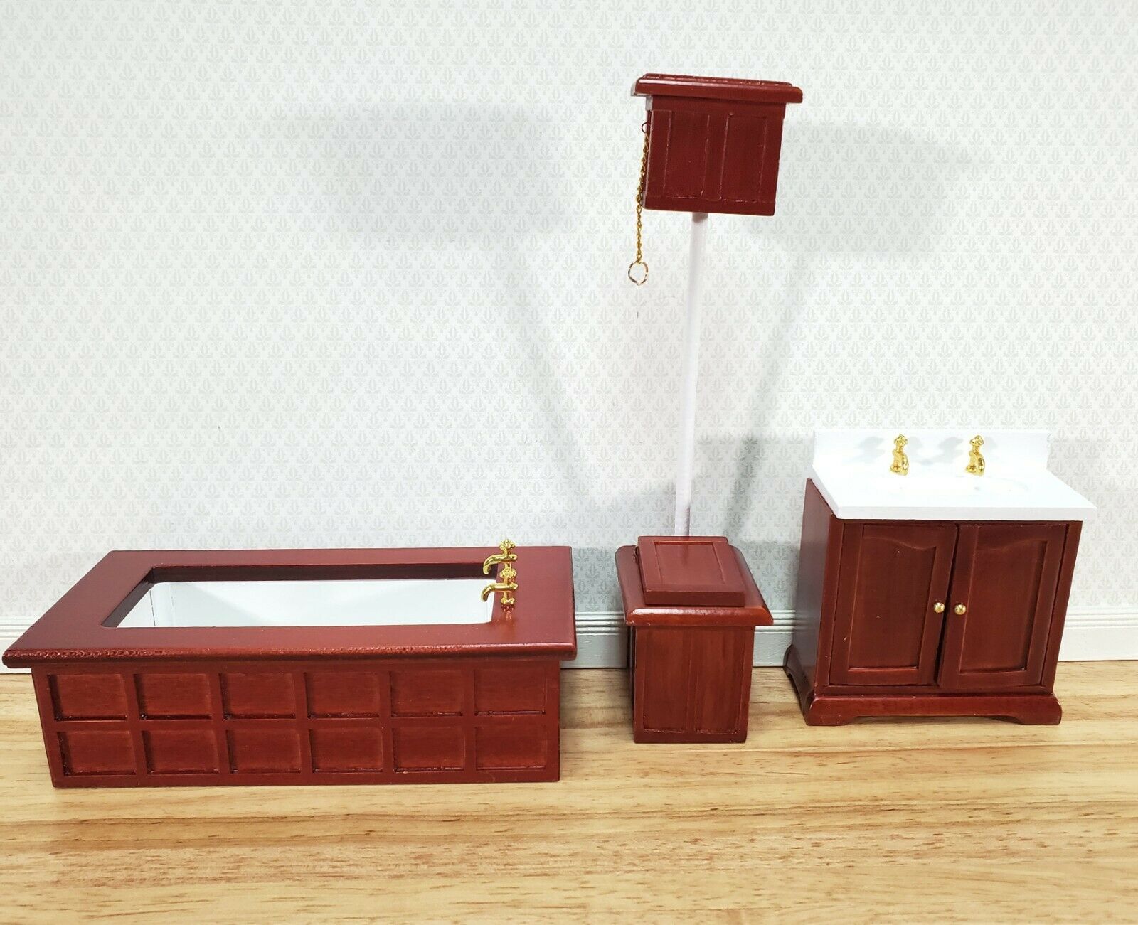 Dollhouse Bathroom Set Victorian Tub Toilet Sink Mahogany Finish 1:12 Scale Miniature Furniture