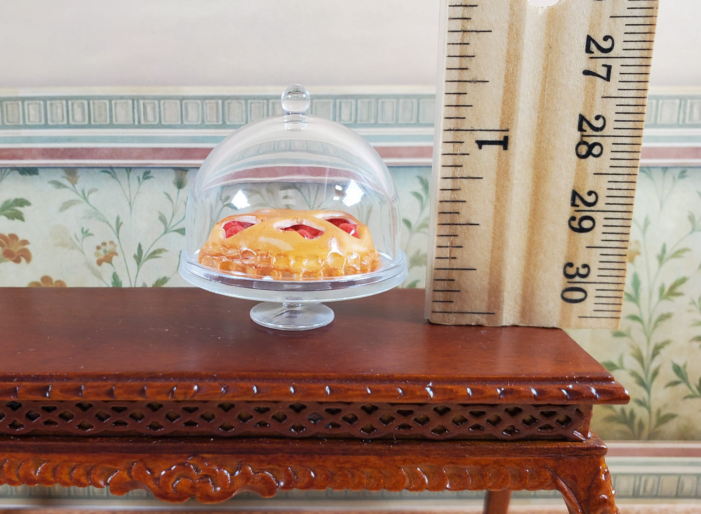 Dollhouse Cake Stand Clear Plastic with Cherry Pie 1:12 Scale Miniature Kitchen