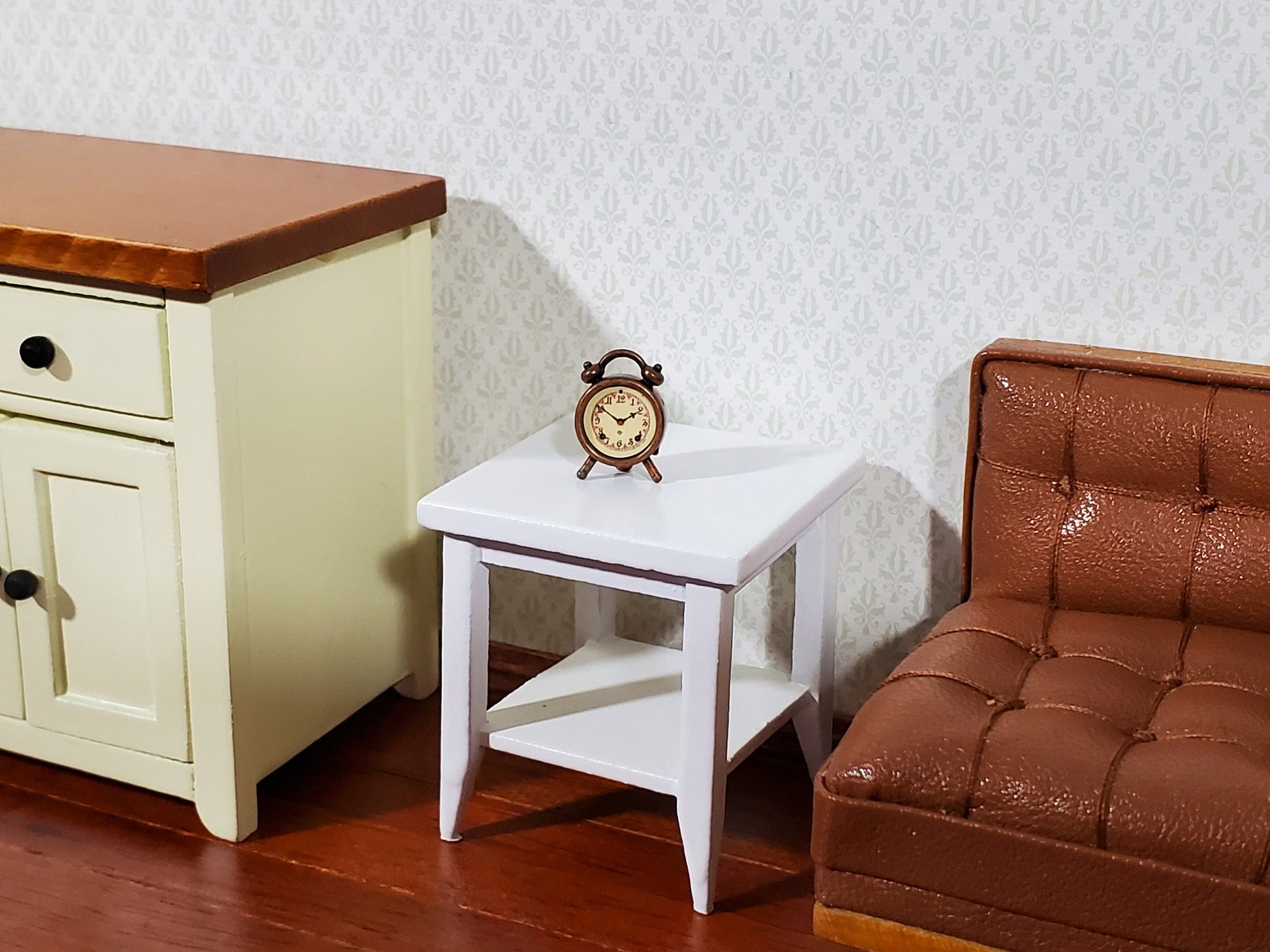 Dollhouse Side Table with Shelf Modern Style Wood White Finish 1:12 Scale Miniature Furniture