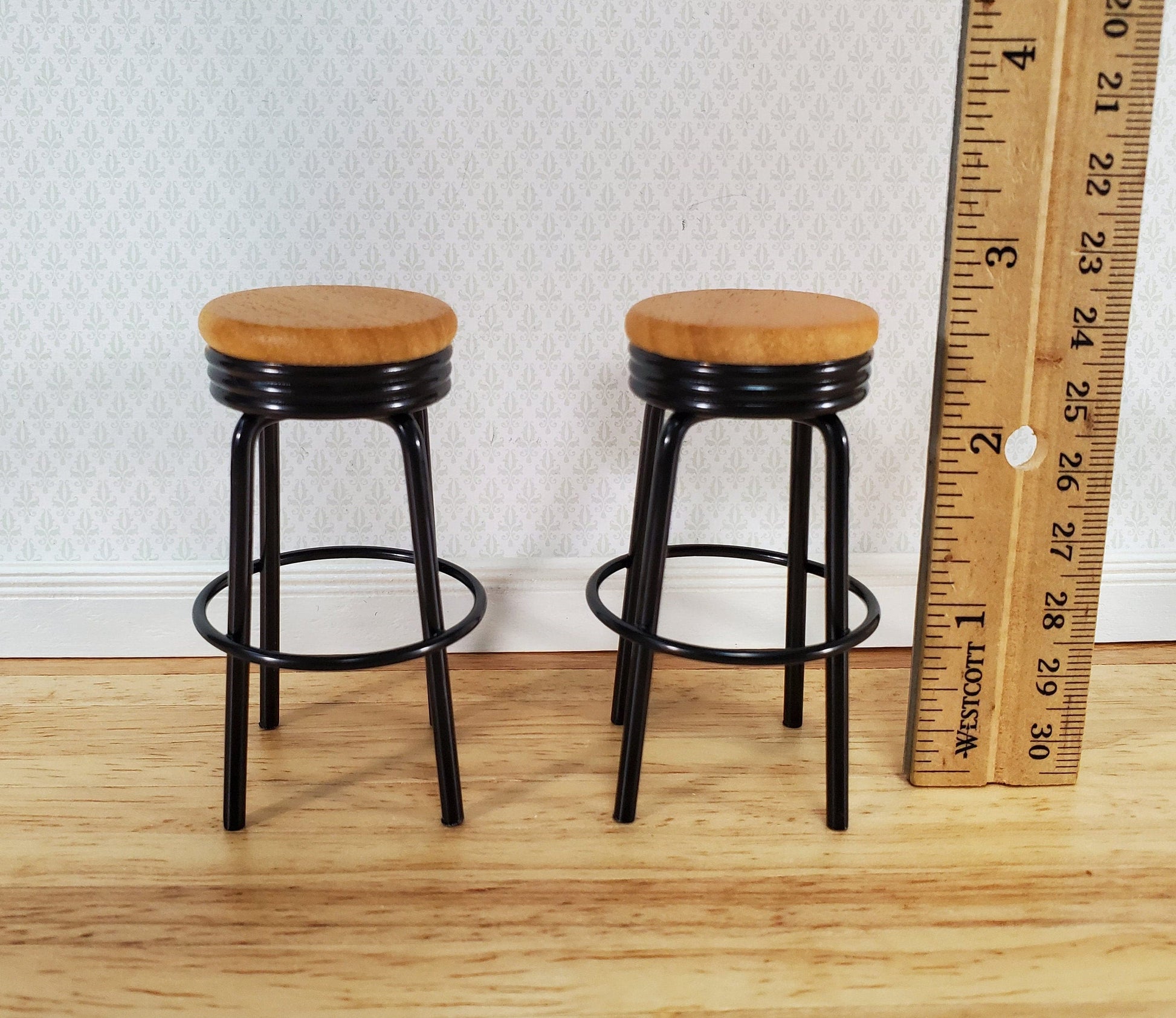 Dollhouse Bar Stools x2 Metal and Wood Black Finish 1:12 Scale Miniature Modern Furniture