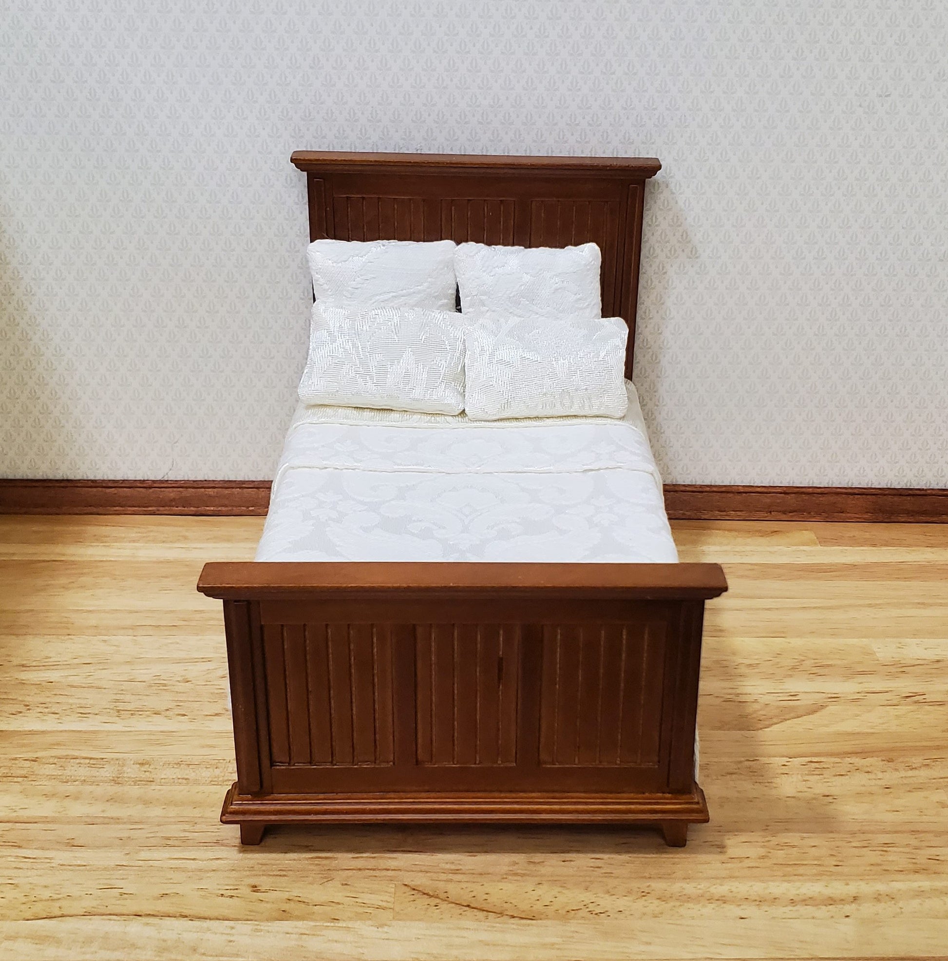 JBM Dollhouse Bed Farmhouse Country Style Walnut Finish 1:12 Miniature Furniture