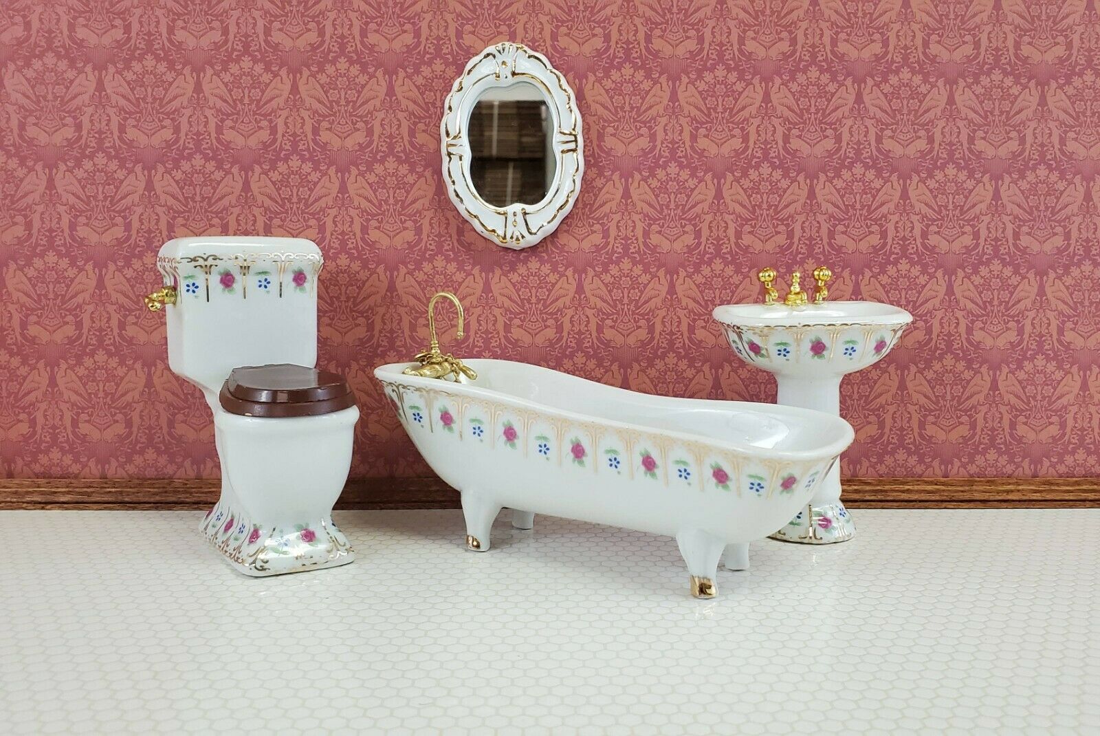Dollhouse Miniature Bathroom Set White Gold Rose Porcelain Tub Toilet Sink