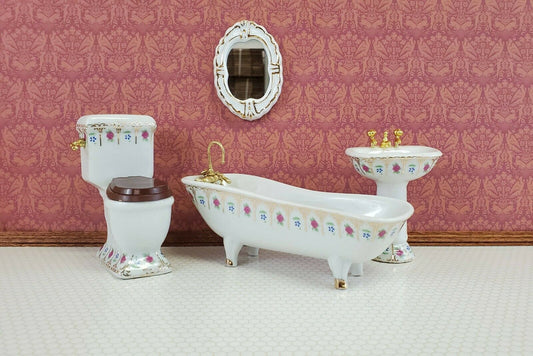 Dollhouse Miniature Bathroom Set White Gold Rose Porcelain Tub Toilet Sink