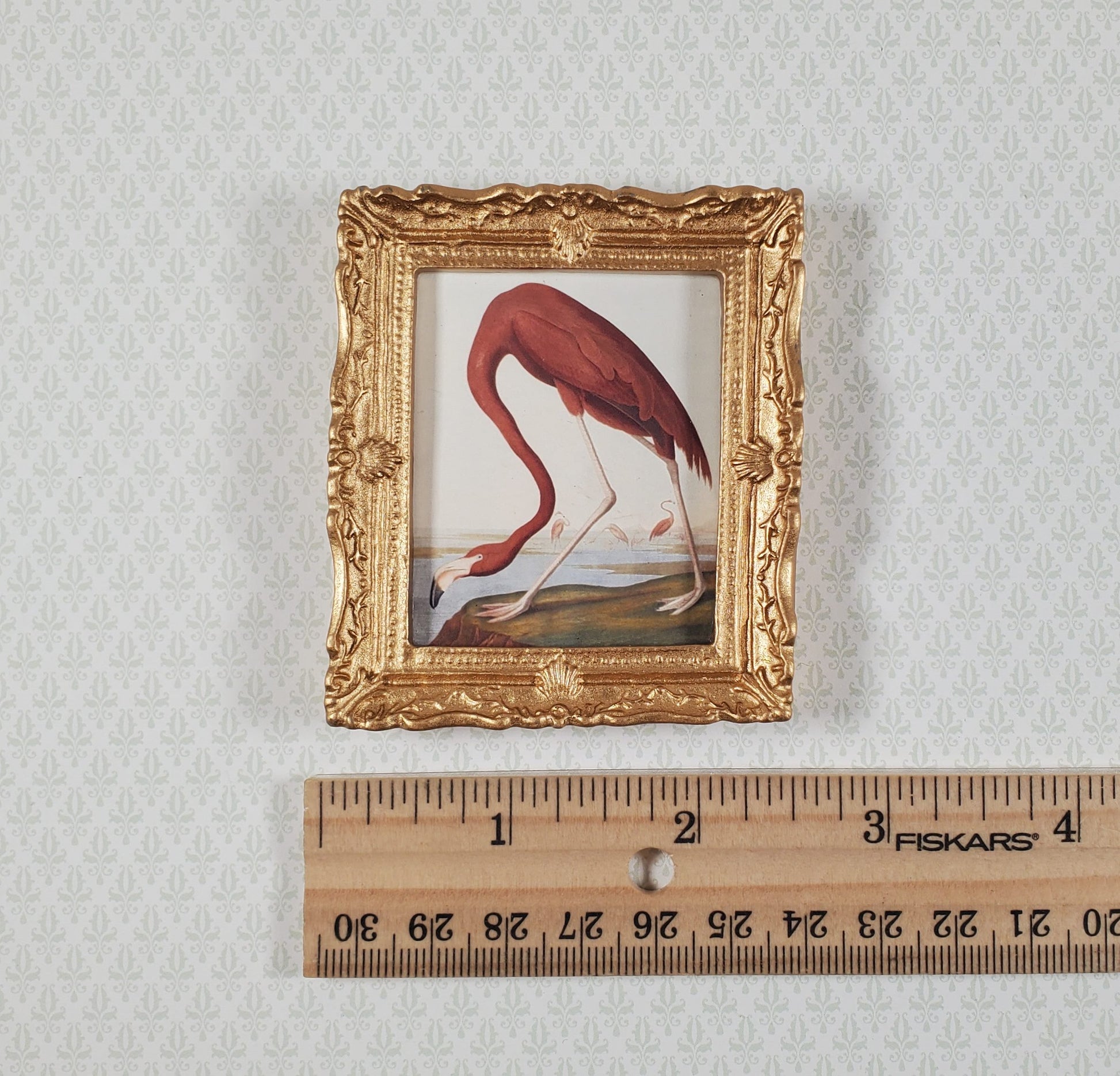 Miniature Pink Flamingo Print John James Audubon 1:12 Scale Dollhouse Gold Frame