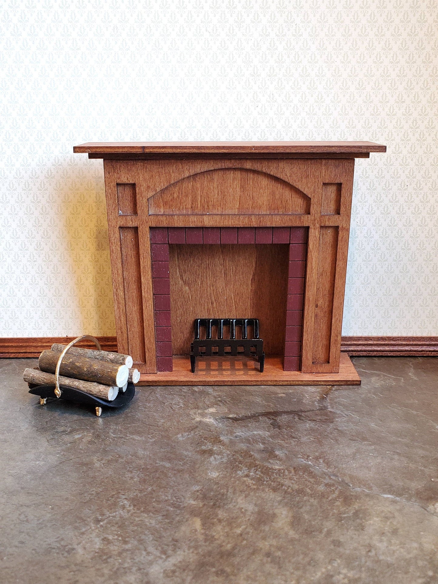 Dollhouse Miniature Fireplace Log Rack Holder with Logs Black Gold Metal 1:12 Scale