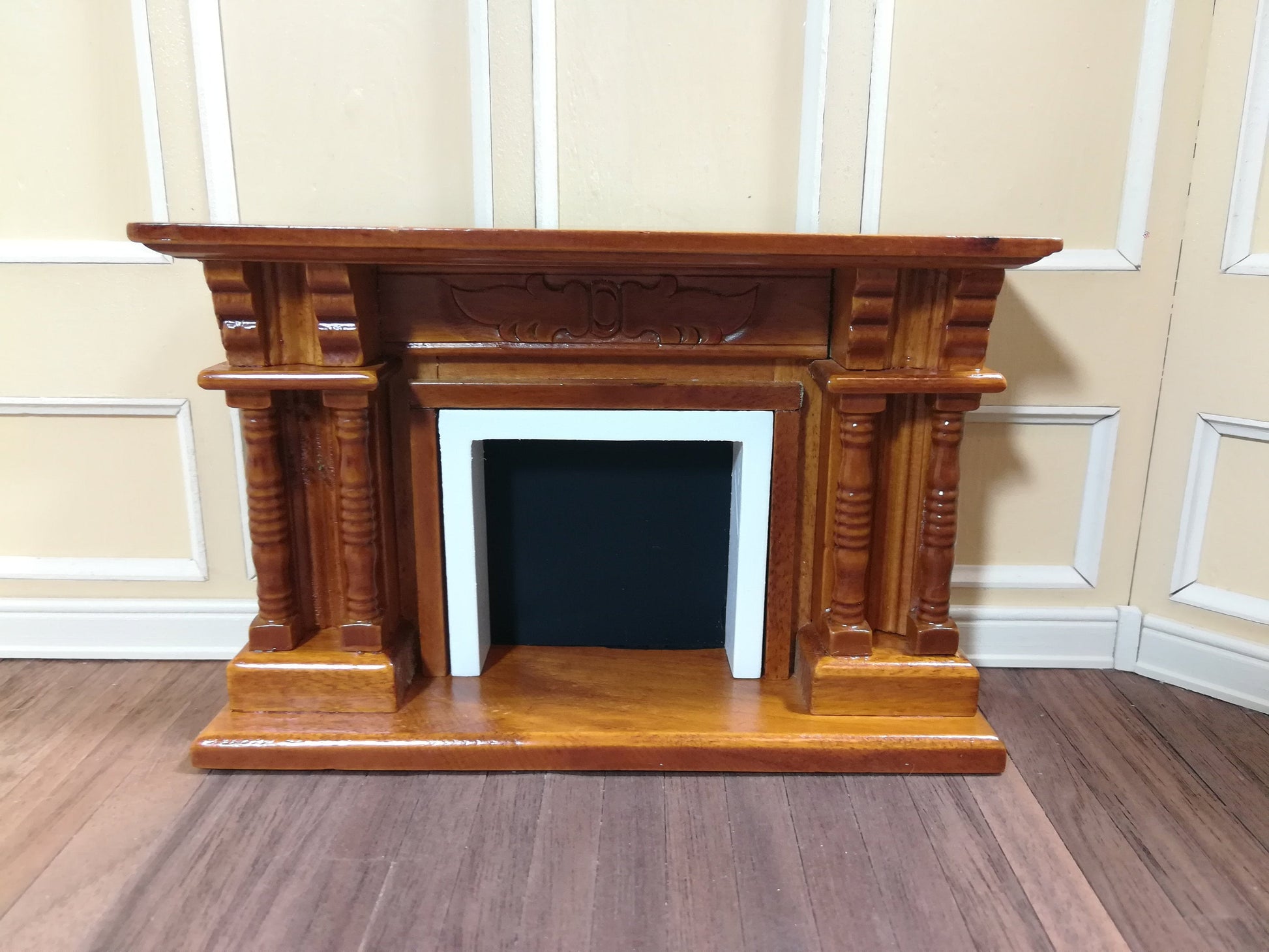 Dollhouse Miniature Fireplace with Columns Walnut Finish 1:12 Scale Furniture
