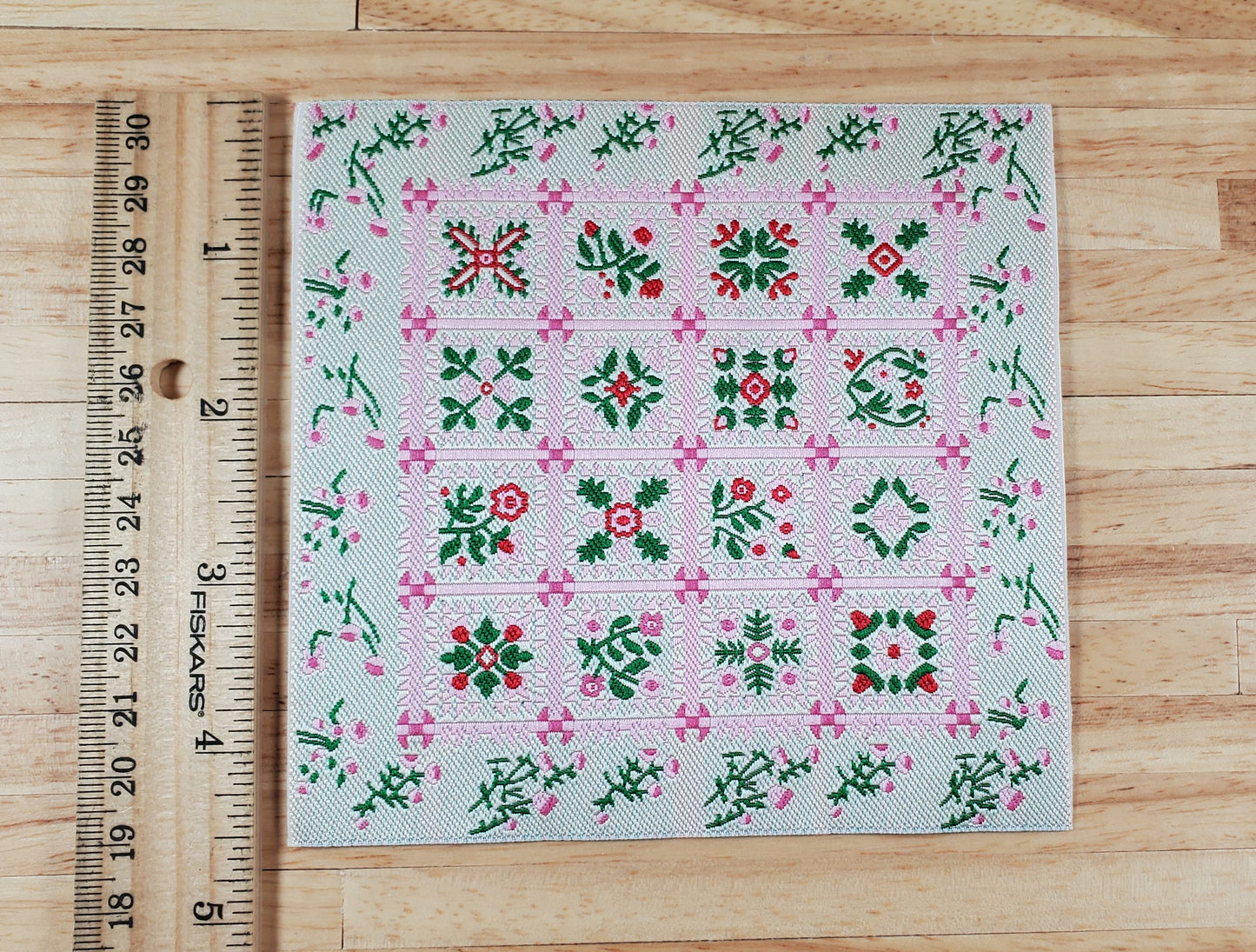 Dollhouse Blanket or Rug Carpet Pink Beige Green Woven Fabric 1:12 Scale Miniature