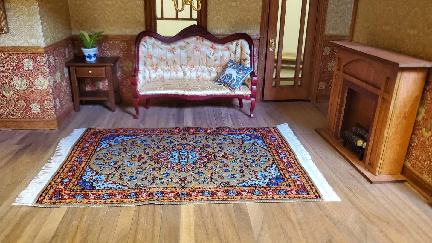 Dollhouse Large Rug Woven Fabric Red Orange Vines 1:12 Scale Miniature 9 1/4 x6