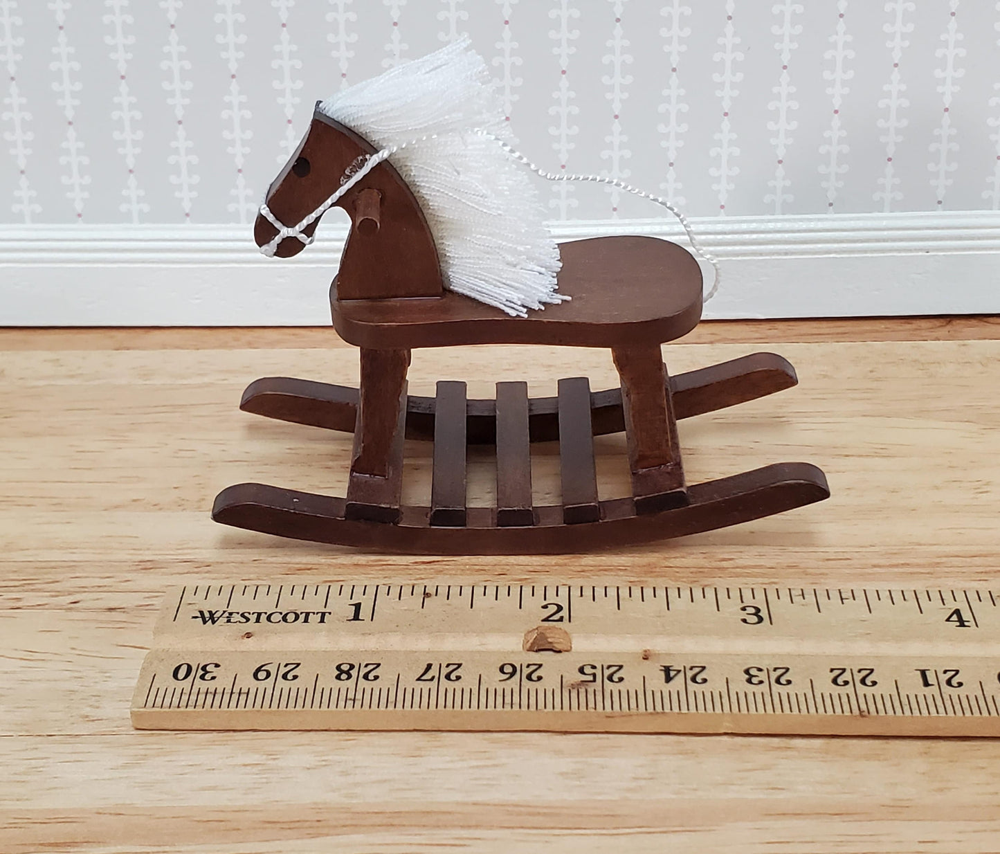 Dollhouse Rocking Horse Toy Walnut Finish 1:12 Scale Miniature Wood for Nursery