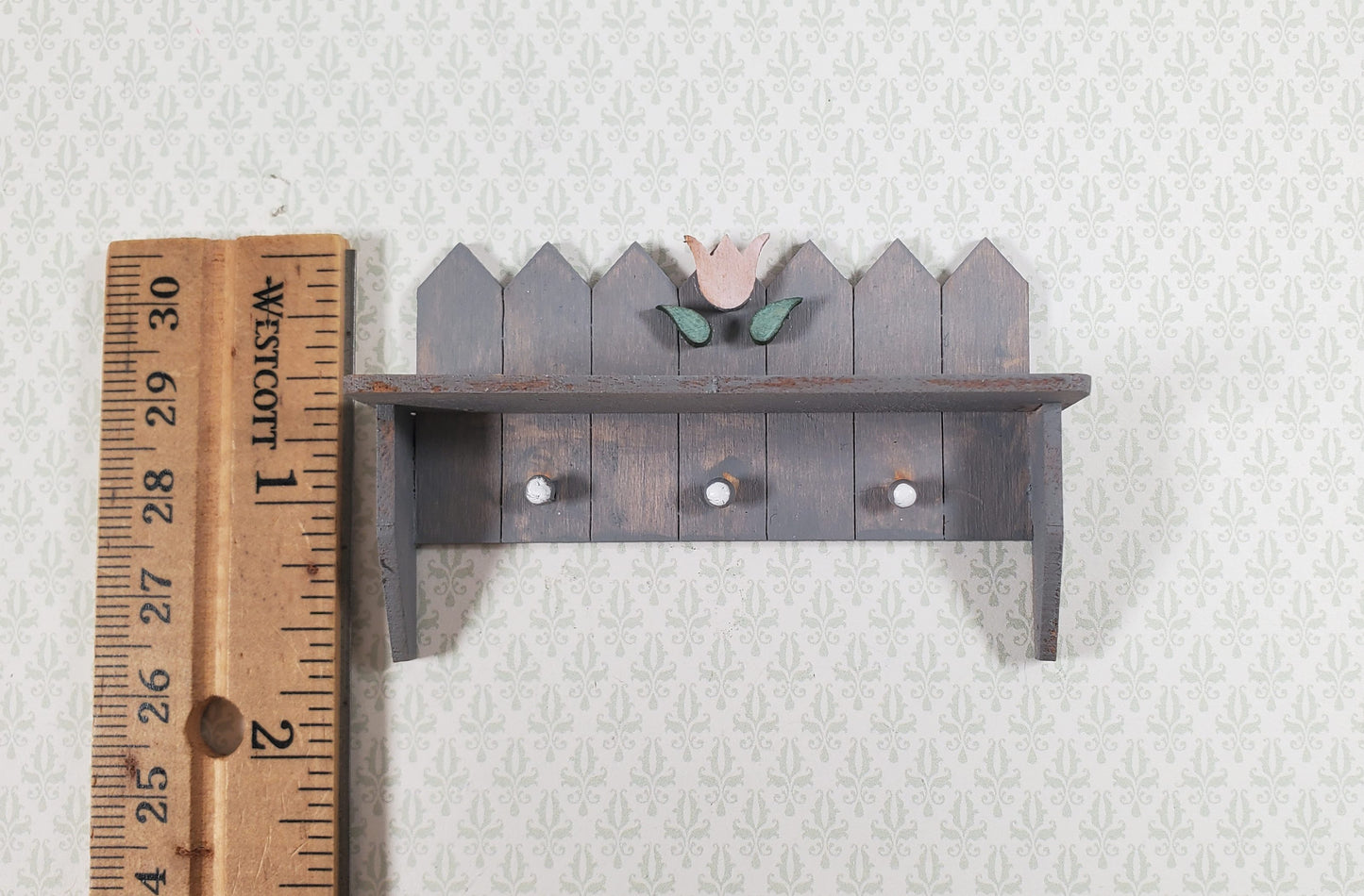 Dollhouse Picket Fence Shelf with Flower Blue Handmade 1:12 Scale Miniature