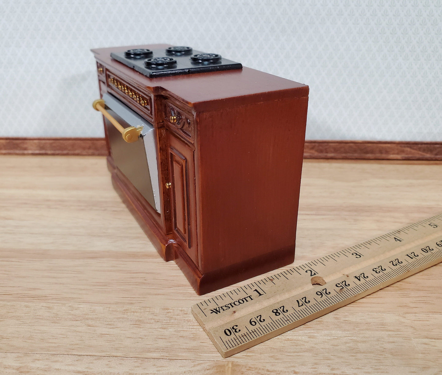Dollhouse Stove Oven Cabinet Walnut Finish 1:12 Scale Miniature Kitchen Cupboard