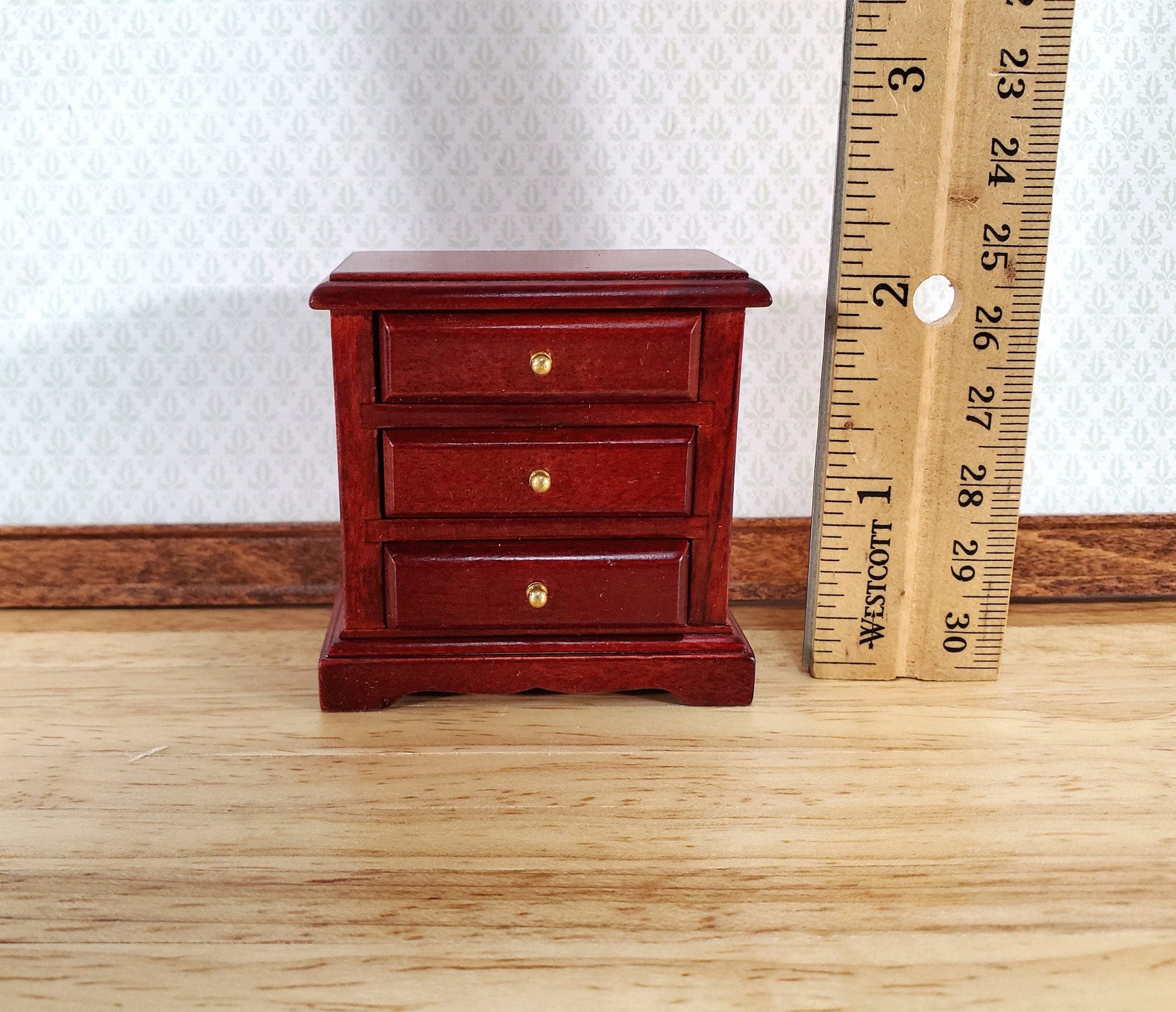 Dollhouse Nightstand Side Table Mahogany 3 Drawers 1:12 Scale Miniature Furniture