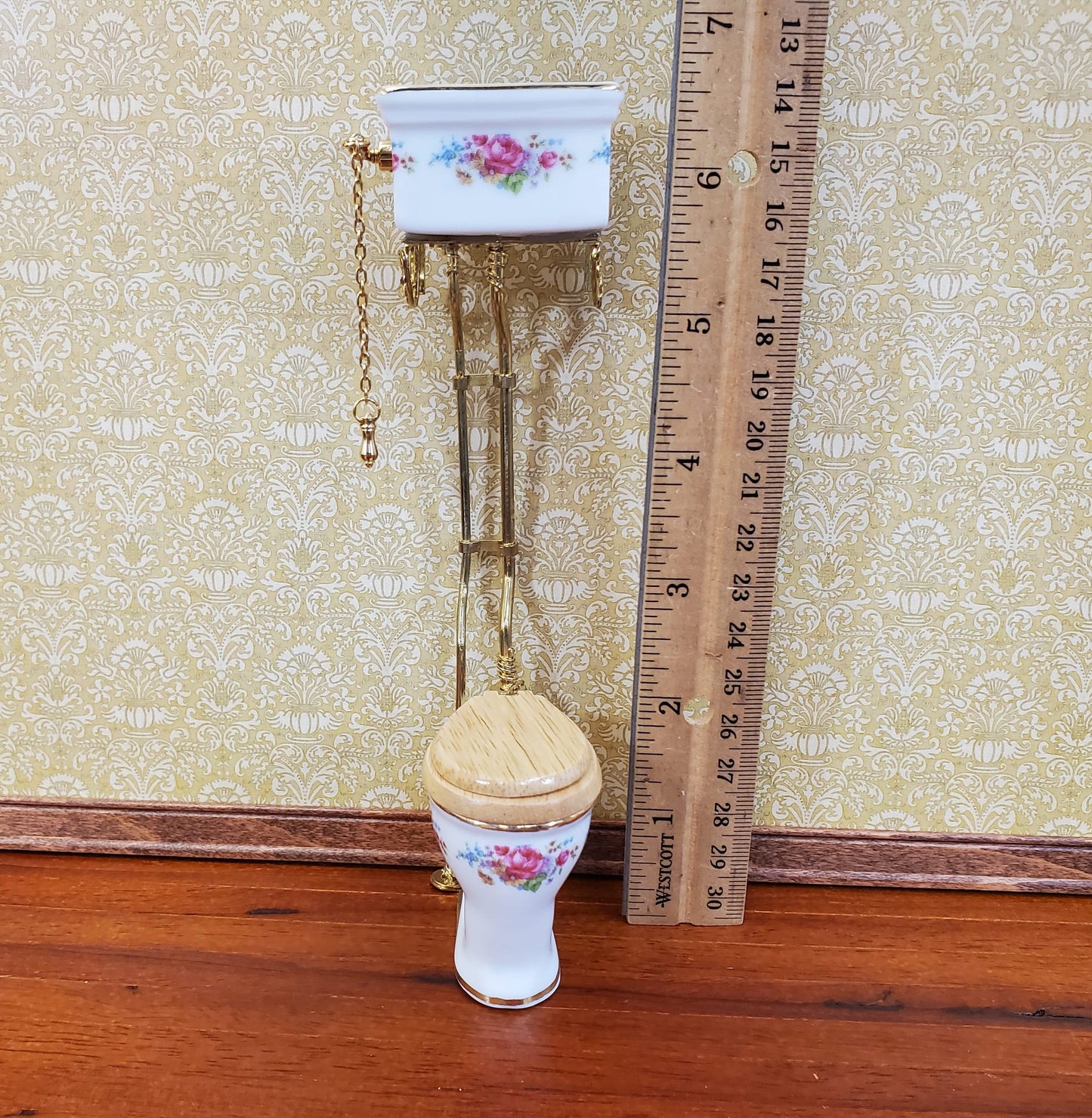Reutter's Dollhouse Toilet High Tank Vintage Style Porcelain 1:12 Scale Dresden Rose Pattern