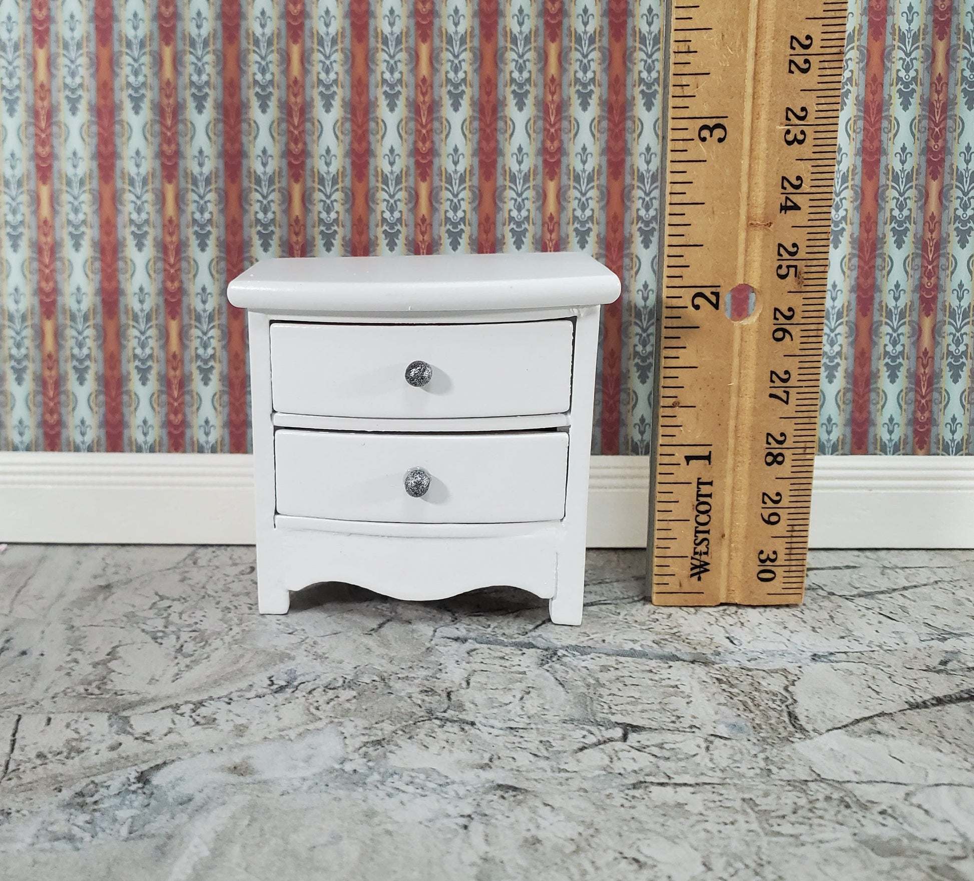 Dollhouse Side Table or Nightstand with 2 Drawers White 1:12 Scale Miniature Furniture