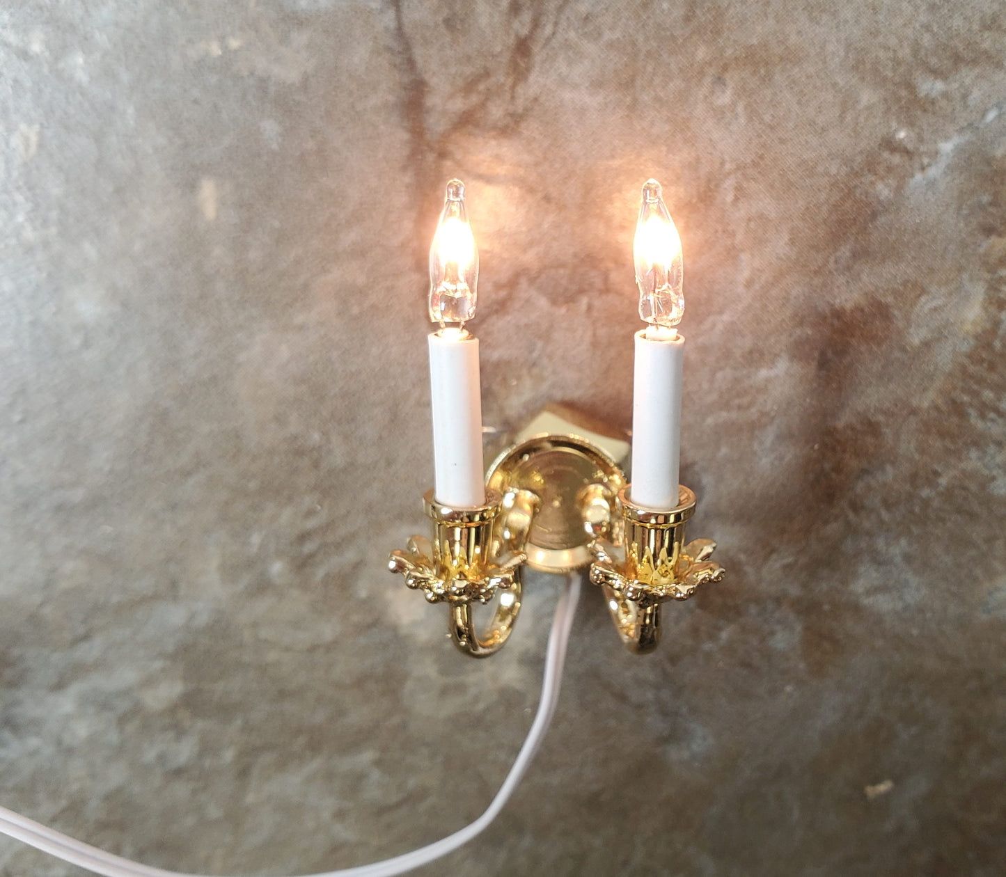 Dollhouse Double Candle Wall Sconce Gold 12 Volt with Plug 1:12 Wall Light