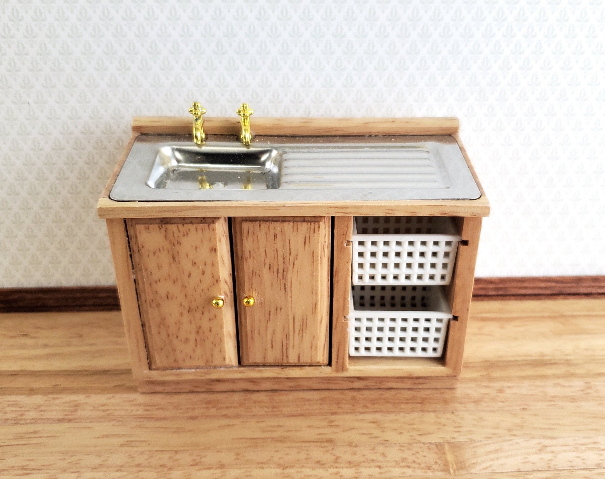 Dollhouse Modern Kitchen Sink Cabinet with Baskets Light Oak 1:12 Scale Miniature