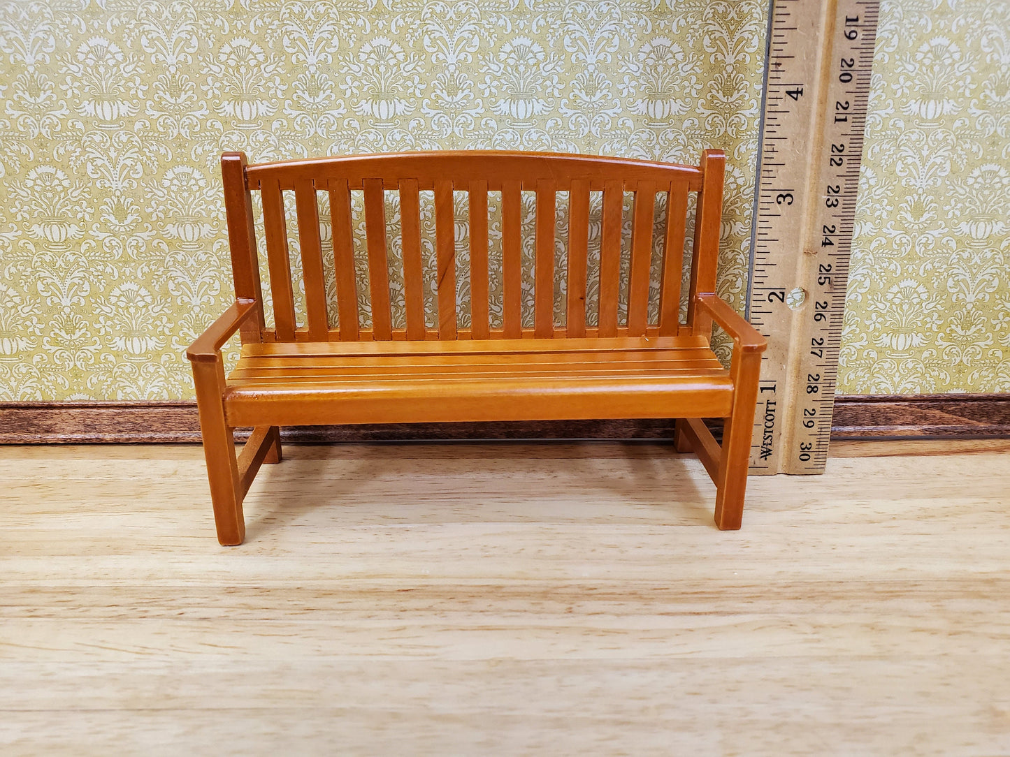 Dollhouse Garden Bench Large Classic Style Wood with Walnut Finish 1:12 Scale Miniature Furniture