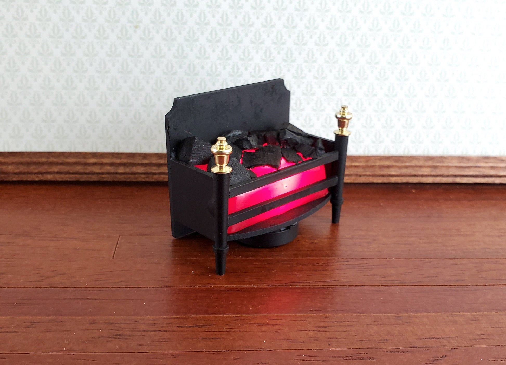 Dollhouse Miniature Battery Lit Fire Basket Fireplace Insert Coals 1:12 Scale