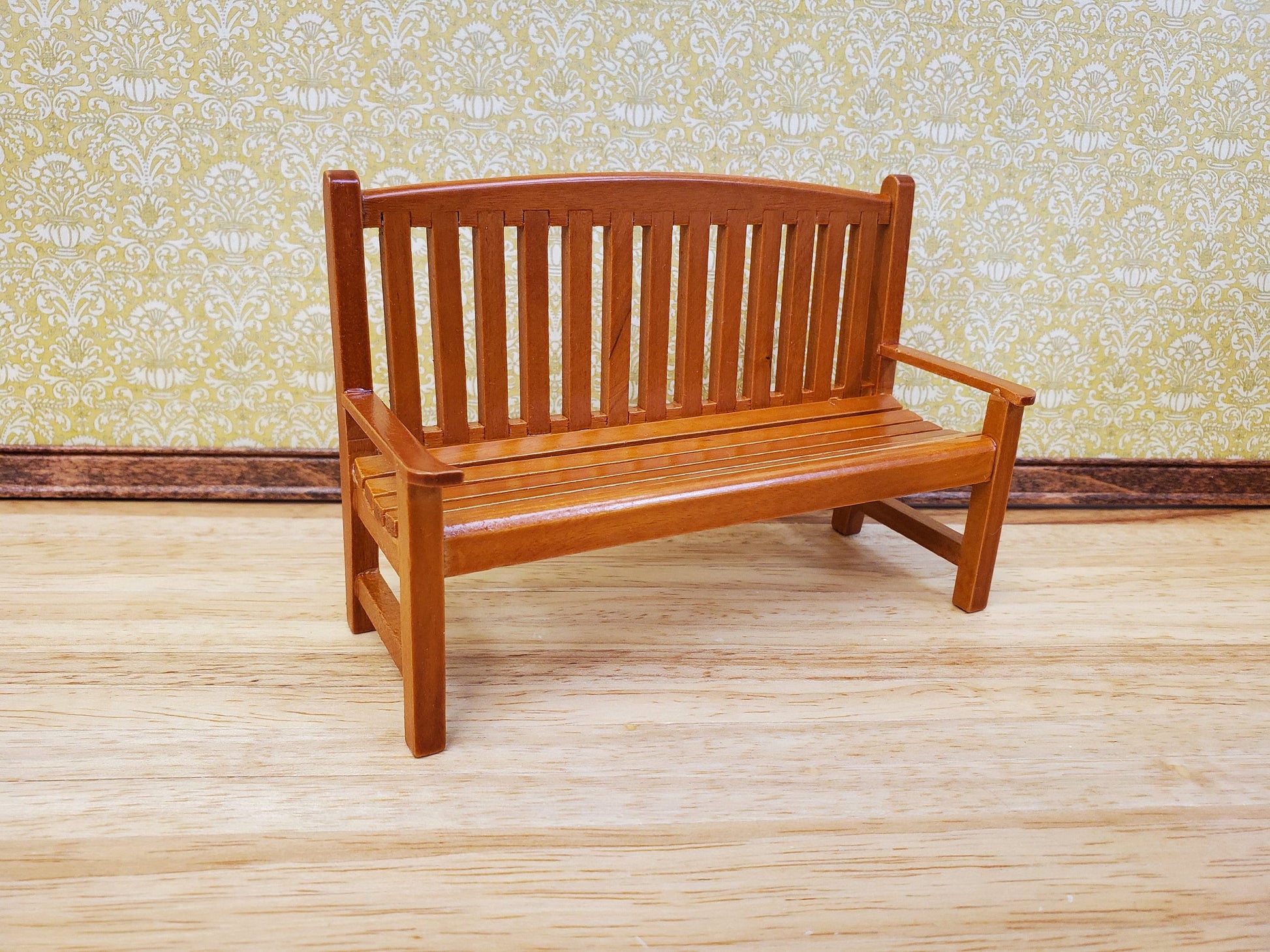 Dollhouse Garden Bench Large Classic Style Wood with Walnut Finish 1:12 Scale Miniature Furniture