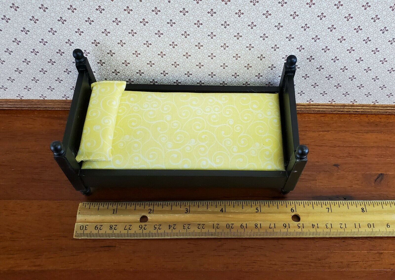 Dollhouse Miniature Black Bed with Mattress Pillow Sheets Small Childs 1:12