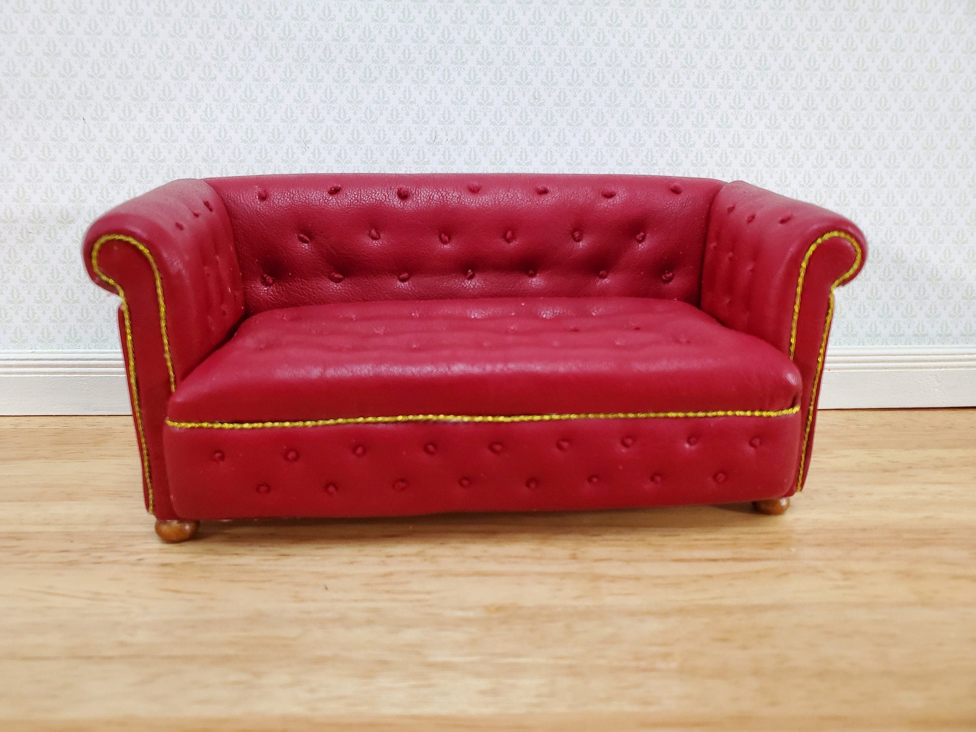 JBM Miniature Chesterfield Sofa Red Tufted Faux Leather 1:12 Scale Dollhouse Furniture
