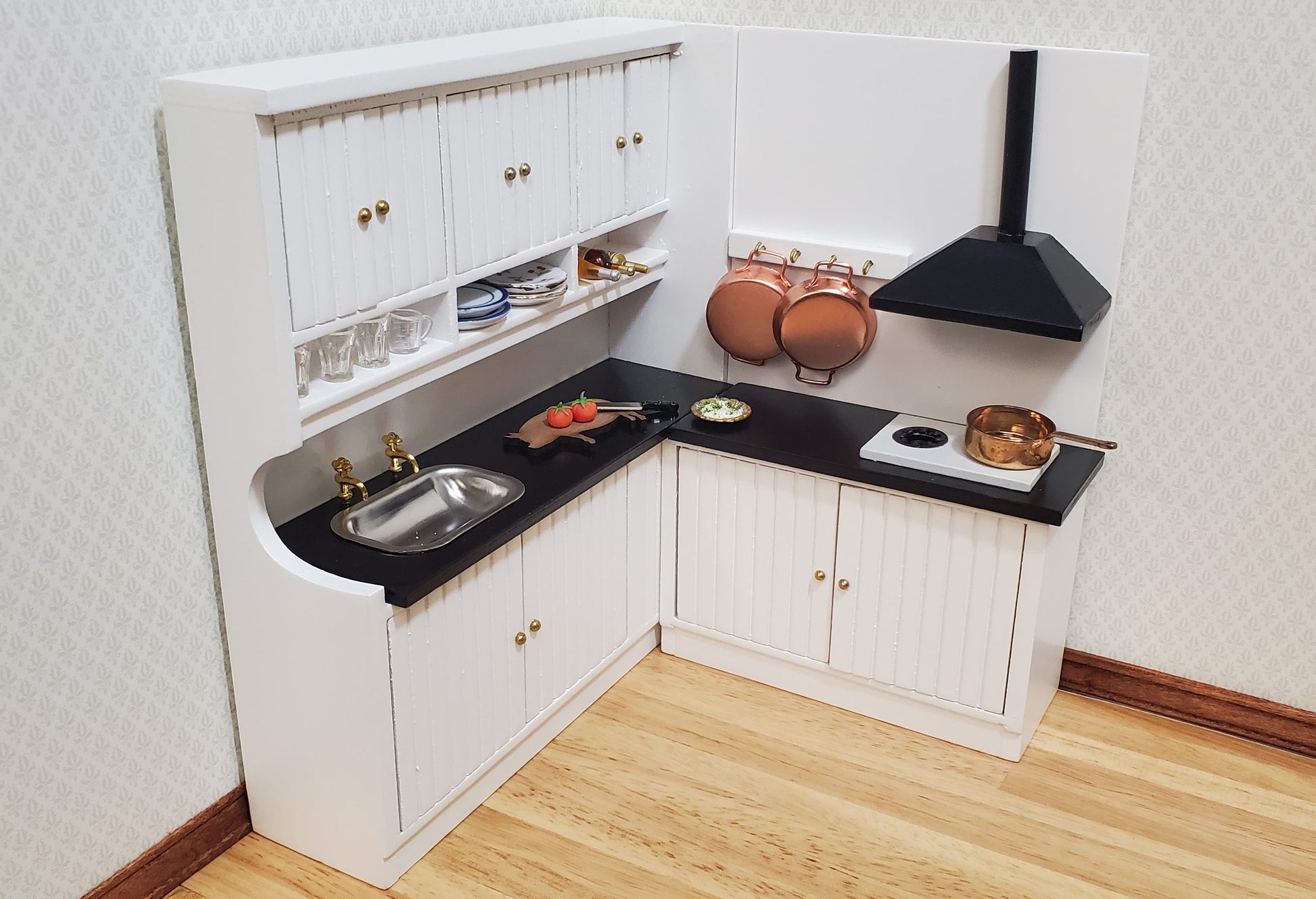 Dollhouse Corner Kitchen Set WHITE Sink Stove Top Cabinets 1:12 Scale Miniature