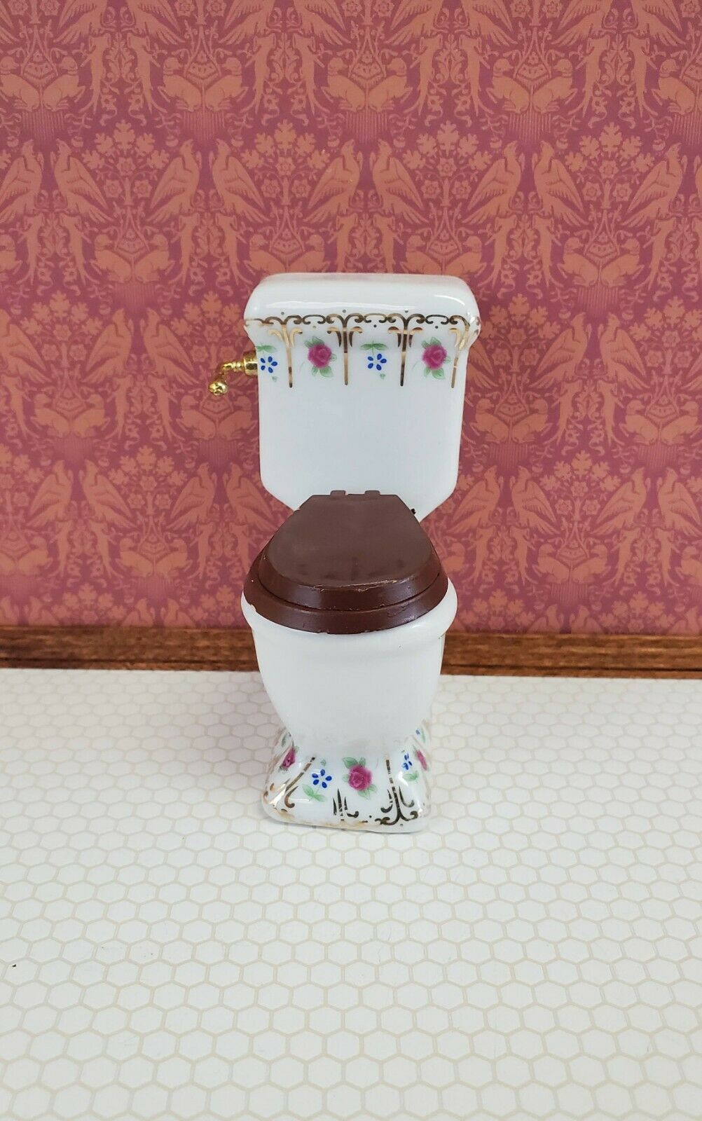 Dollhouse Miniature Bathroom Set White Gold Rose Porcelain Tub Toilet Sink