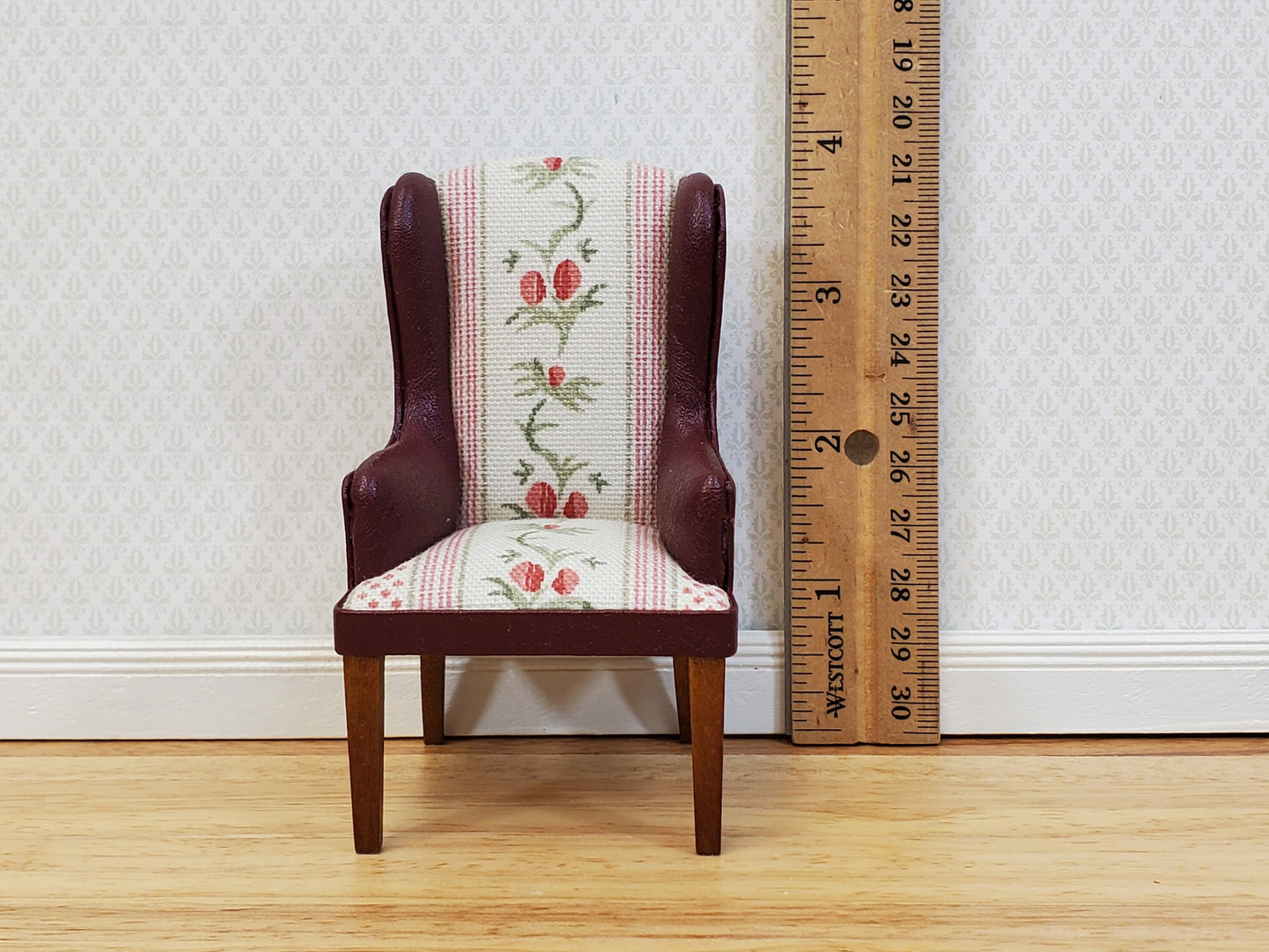 JBM Dollhouse Chair Armchair Burgundy Faux Leather & Fabric 1:12 Scale Furniture