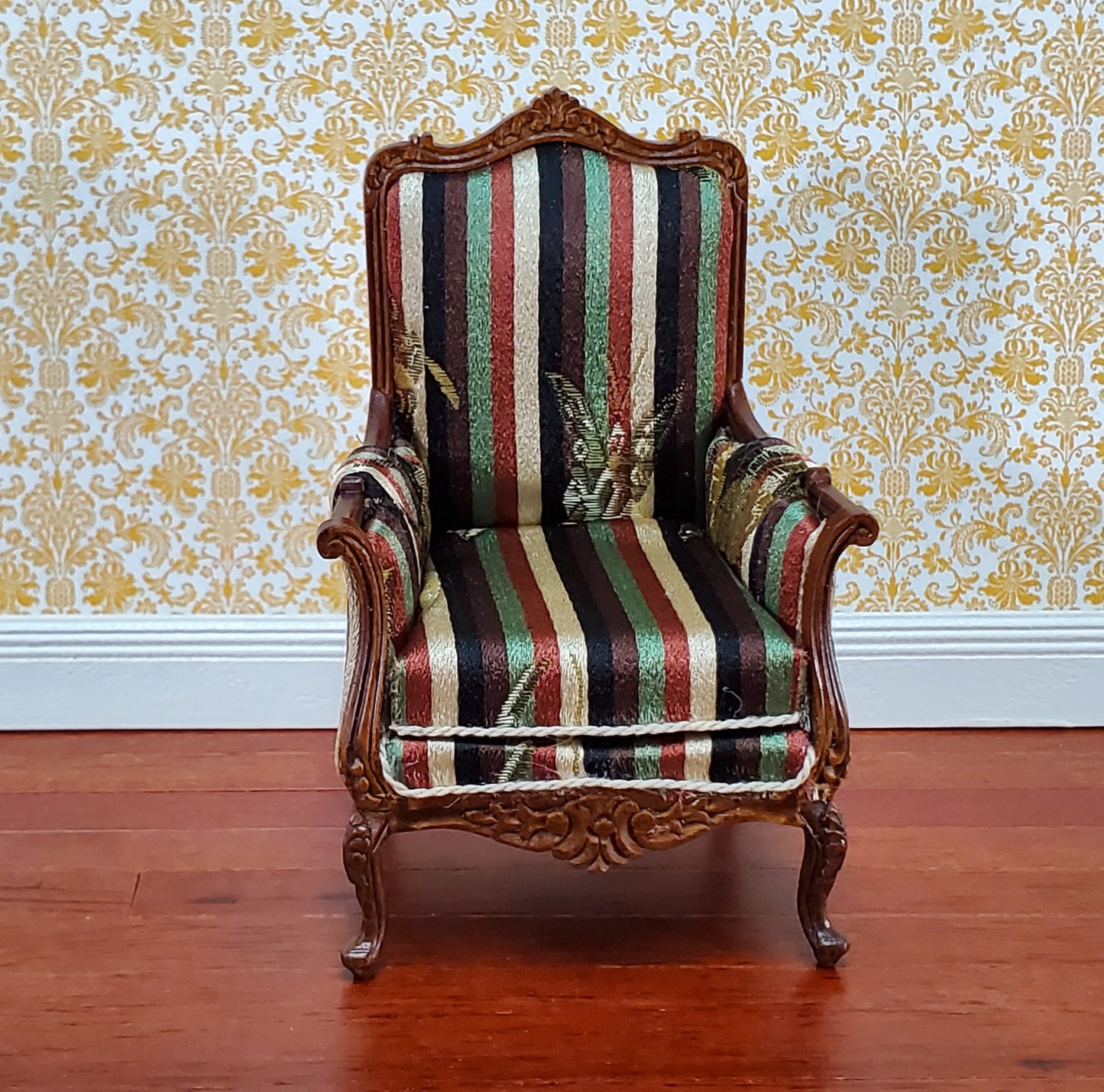 JBM Dollhouse Chair Victorian Style Striped Neutral Fabric 1:12 Scale Furniture