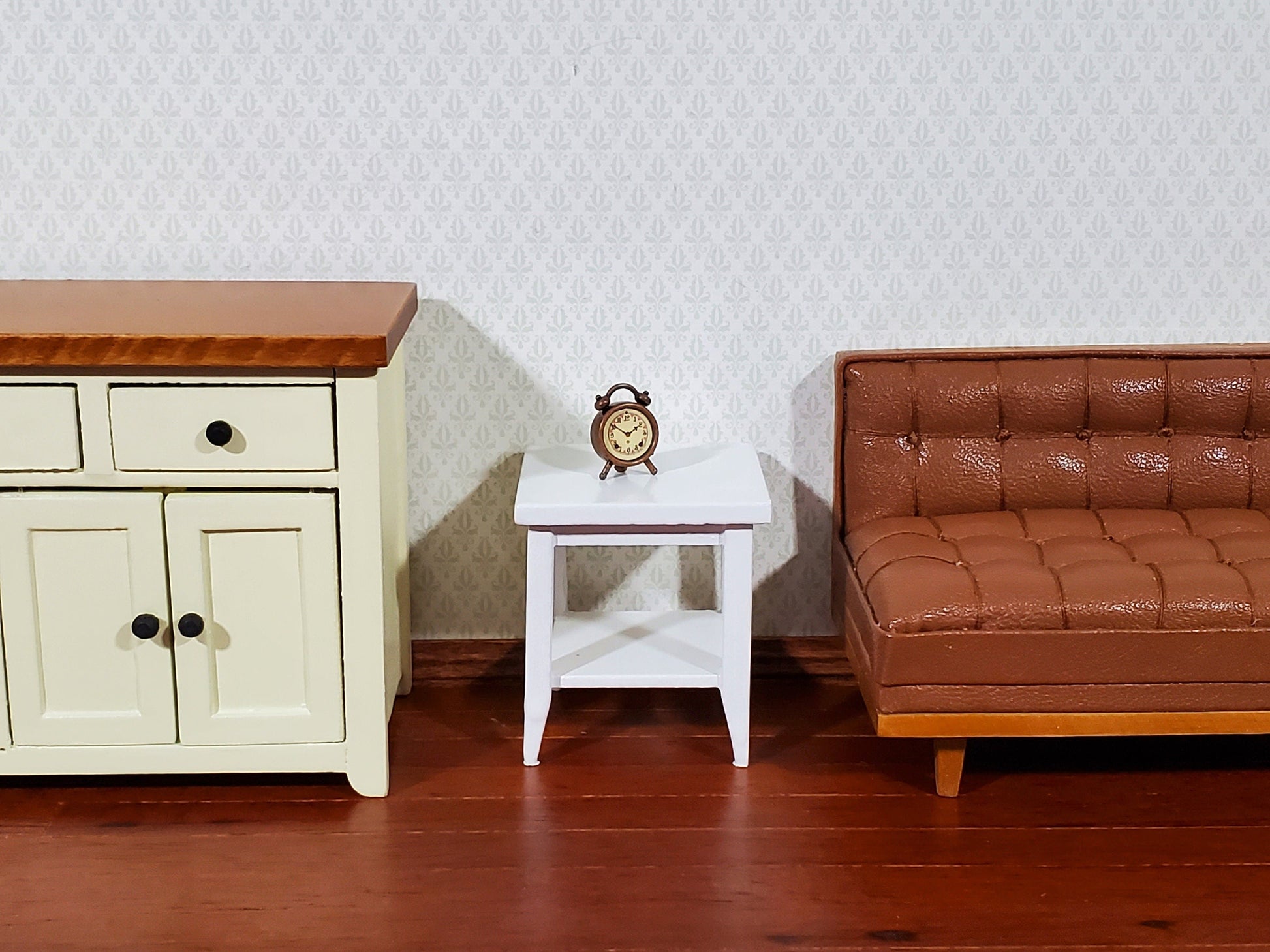 Dollhouse Side Table with Shelf Modern Style Wood White Finish 1:12 Scale Miniature Furniture