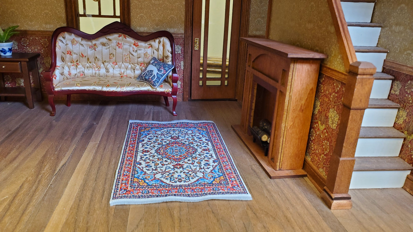 Dollhouse Small Rug Woven Fabric Red Cream Blue 1:12 Scale Victorian Style