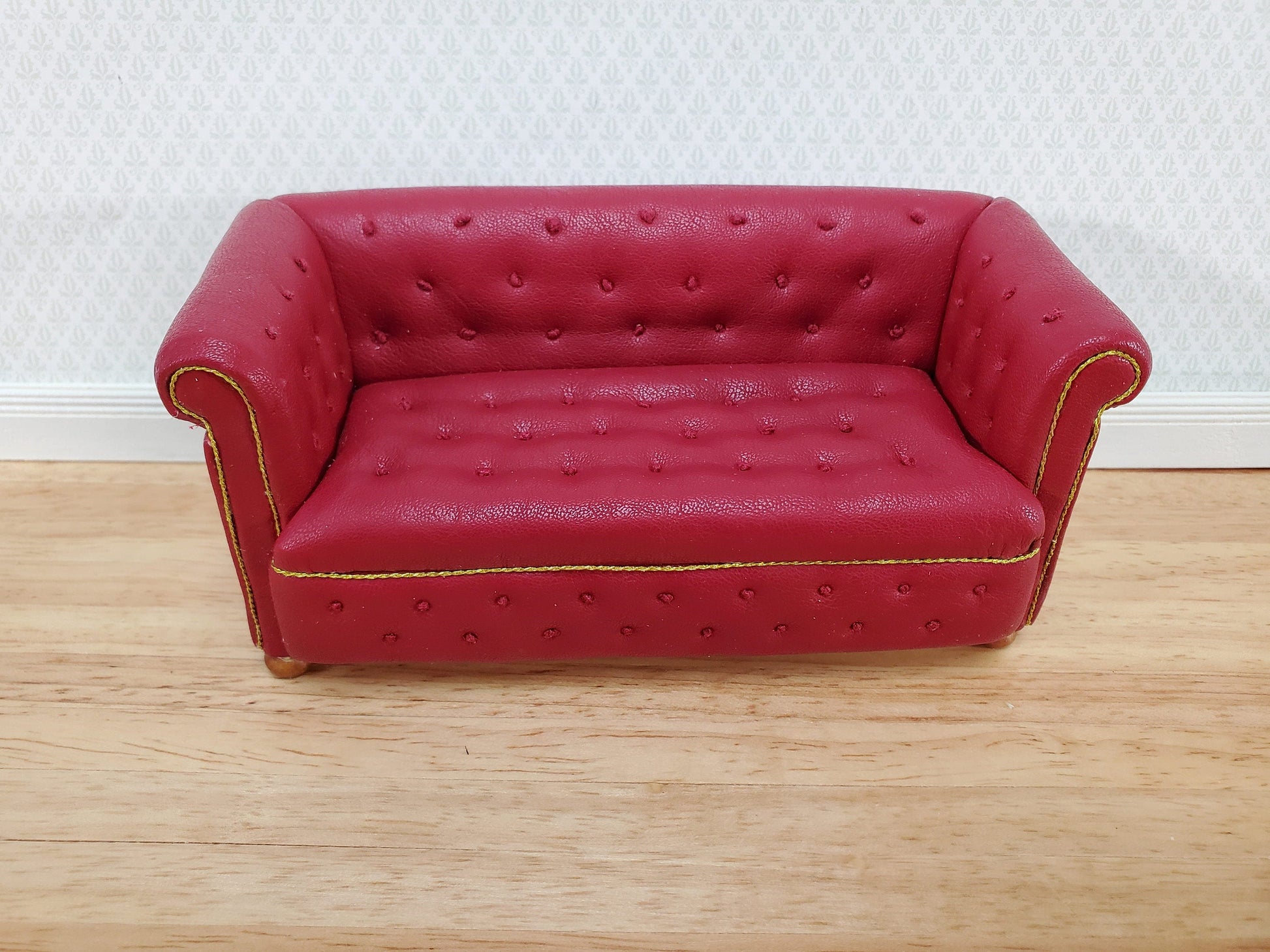 JBM Miniature Chesterfield Sofa Red Tufted Faux Leather 1:12 Scale Dollhouse Furniture