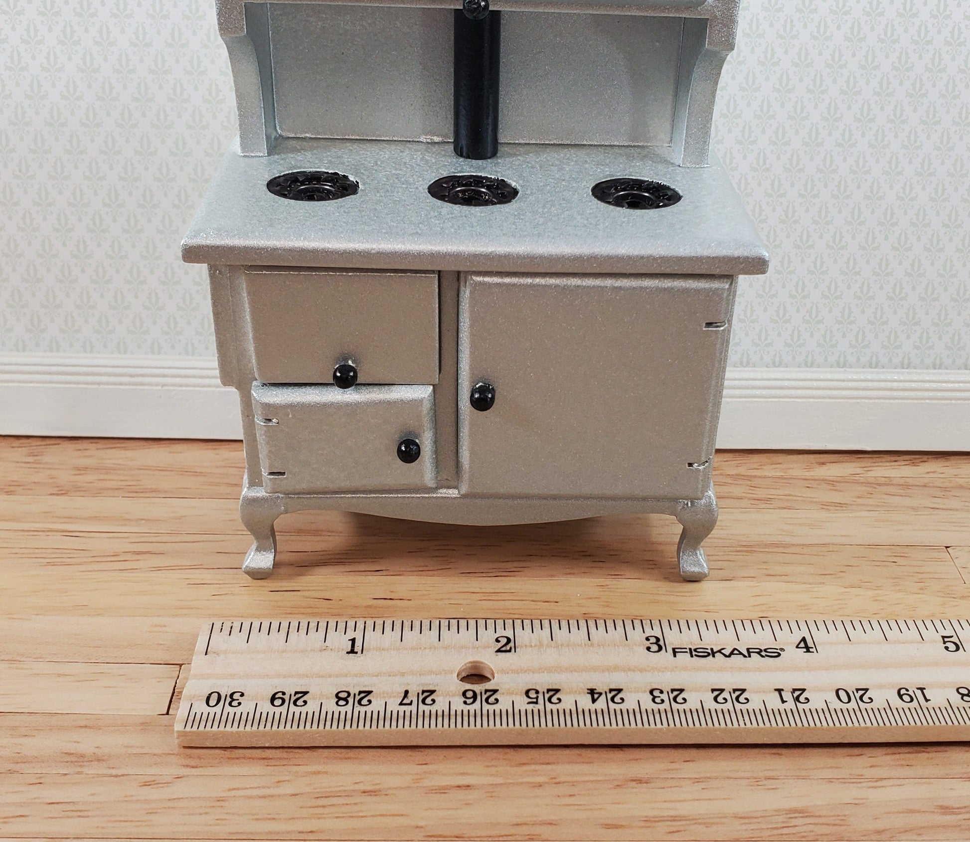 Dollhouse Kitchen Range Cabinet Stove Oven Silver 1:12 Scale Miniature Wood