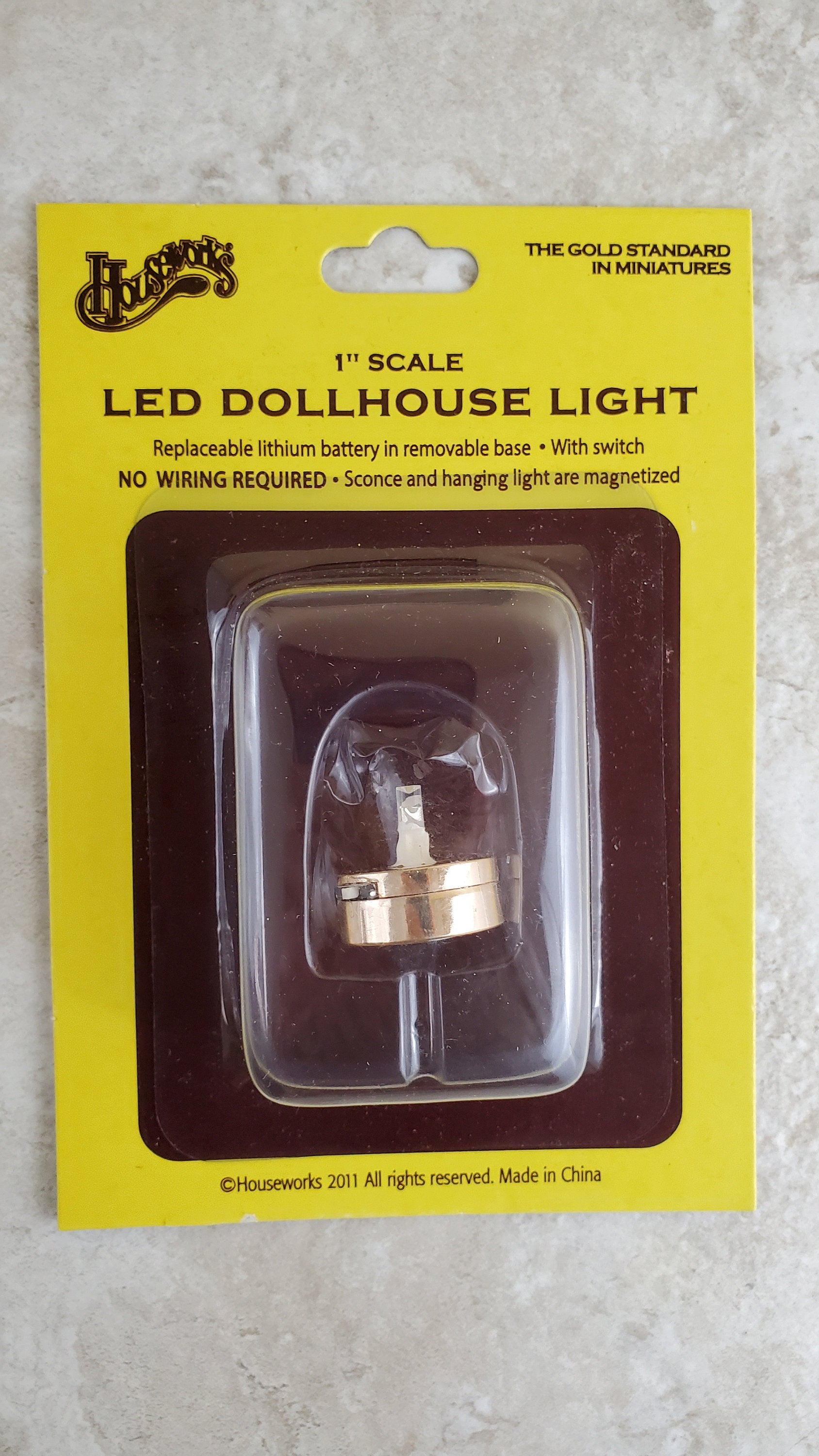 Miniature Battery Light Bulb on Gold Metal Base Bright White On/Off Switch