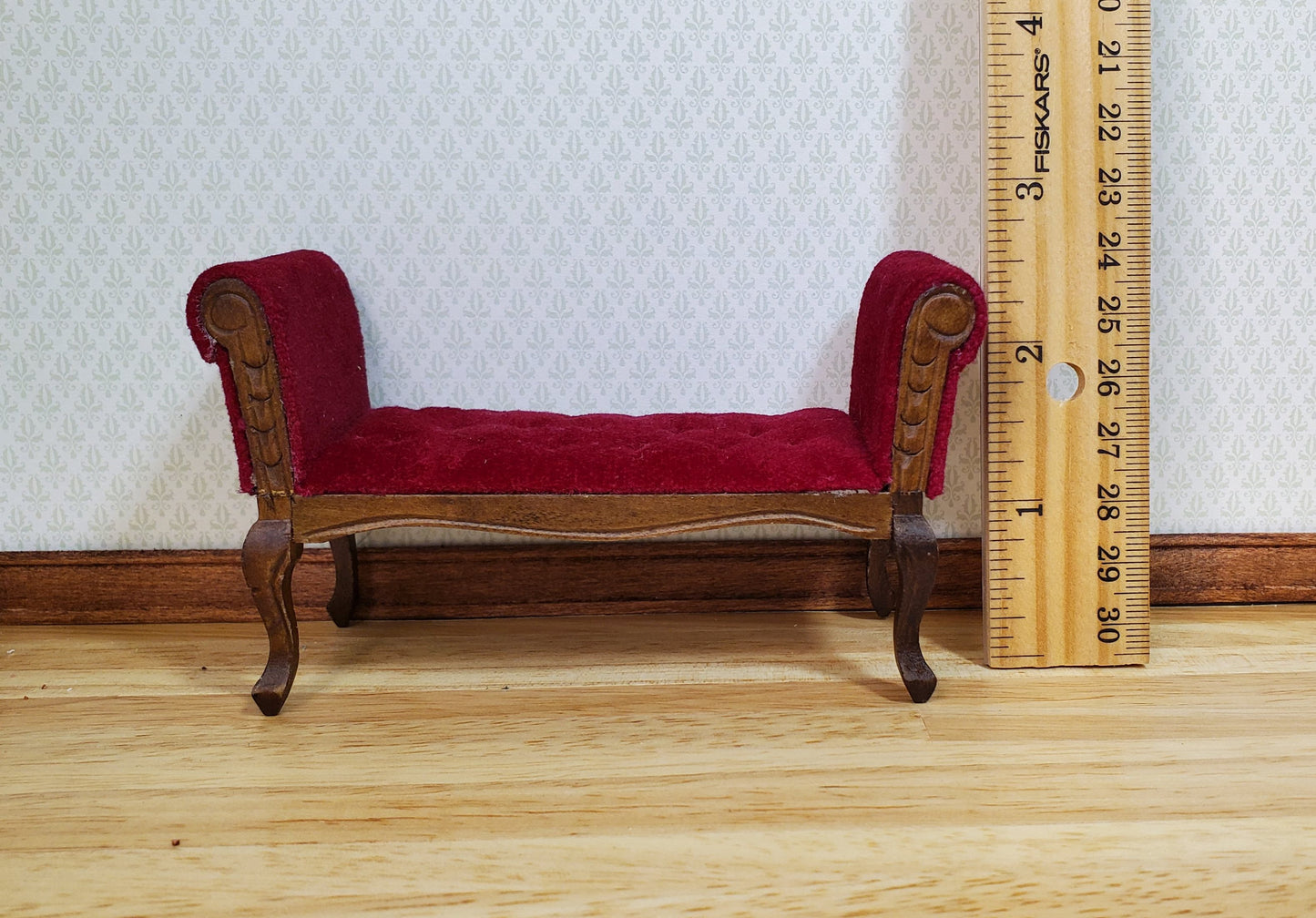 Dollhouse Settee Bench Red Padded Tufted Seat 1:12 Scale Walnut Finish Wood