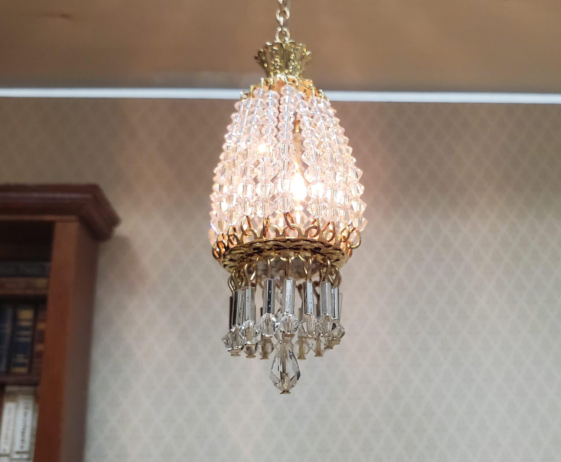 Dollhouse Parlor Chandelier II Light Real Glass Crystals 12 Volt 1:12 Scale