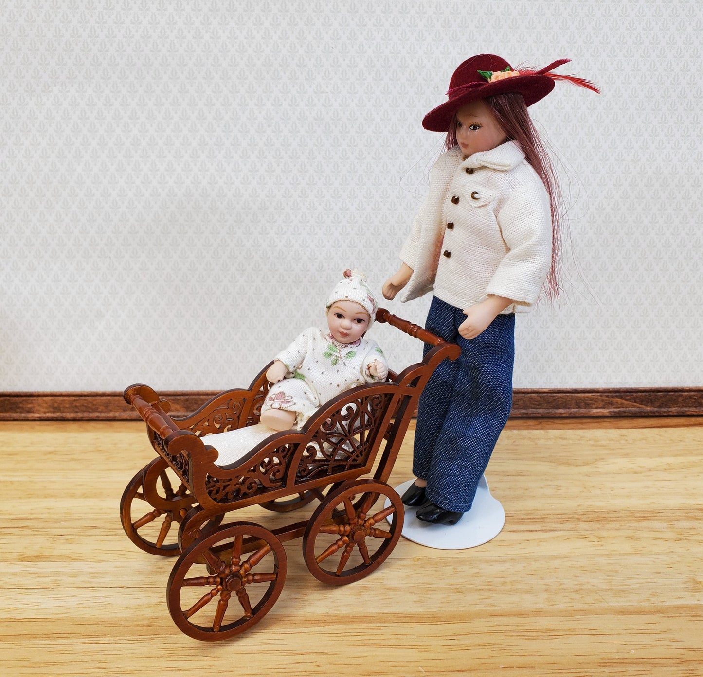 Dollhouse Baby Carriage Stroller Victorian Style 1:12 Scale Furniture Walnut Finish
