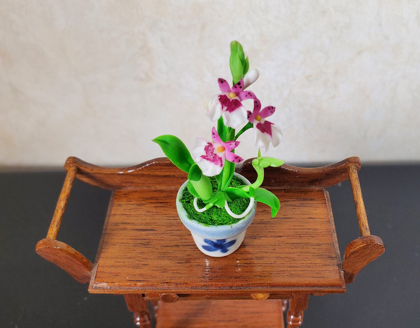 Dollhouse Orchid Pink White Flowering Plant in Ceramic Pot 1:12 Scale Miniature