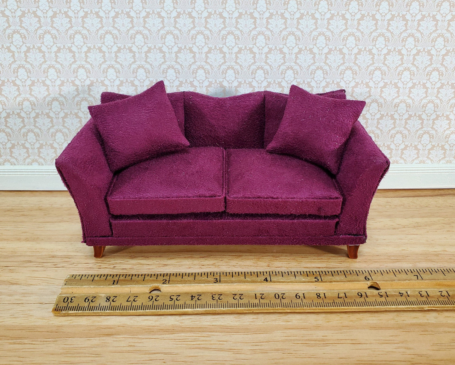 Dollhouse Sofa Couch Plum Burgundy Modern Style 1:12 Scale Miniature Furniture