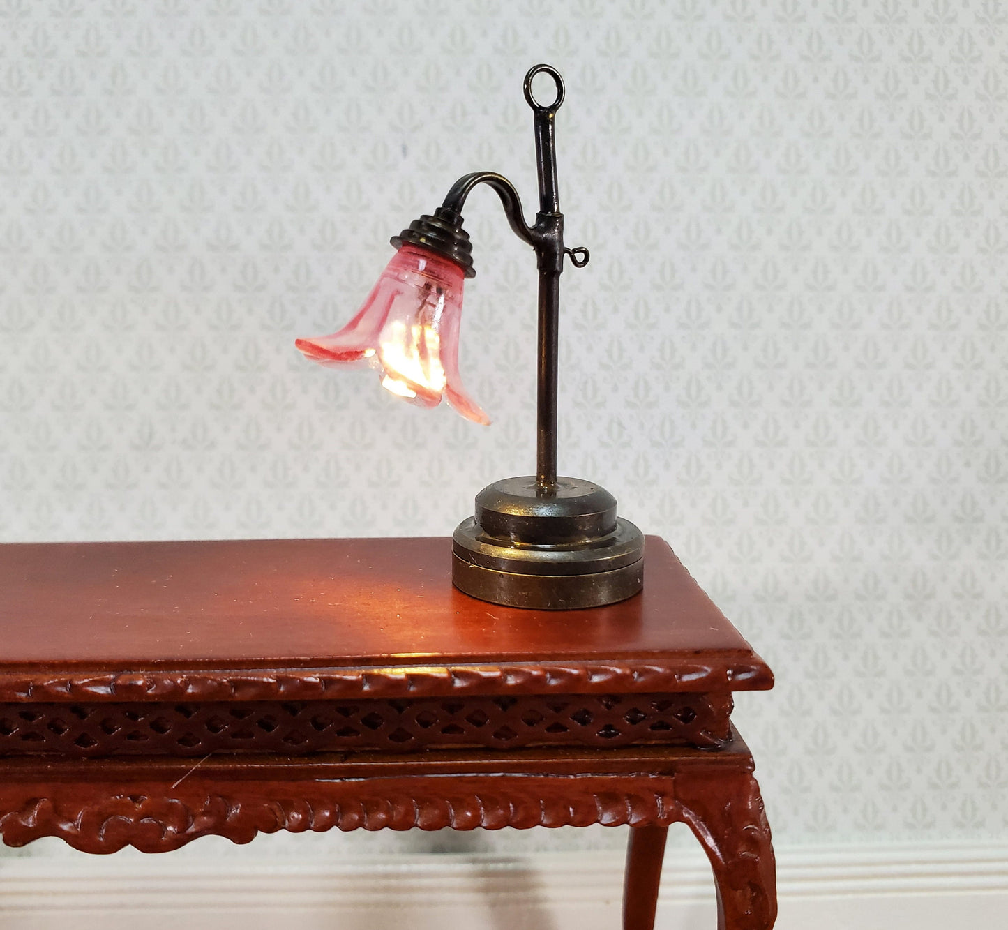 Dollhouse Battery Light Table Lamp Pink Flower Shade Bronze Base 1:12 Scale