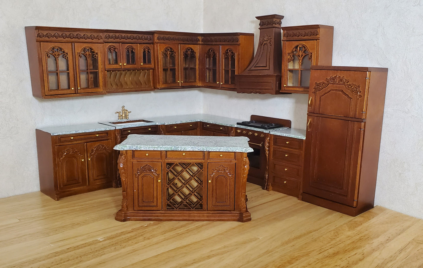 JBM Dollhouse Deluxe Kitchen Set 12 Pcs Stove Sink Cupboards Fridge Walnut 1:12