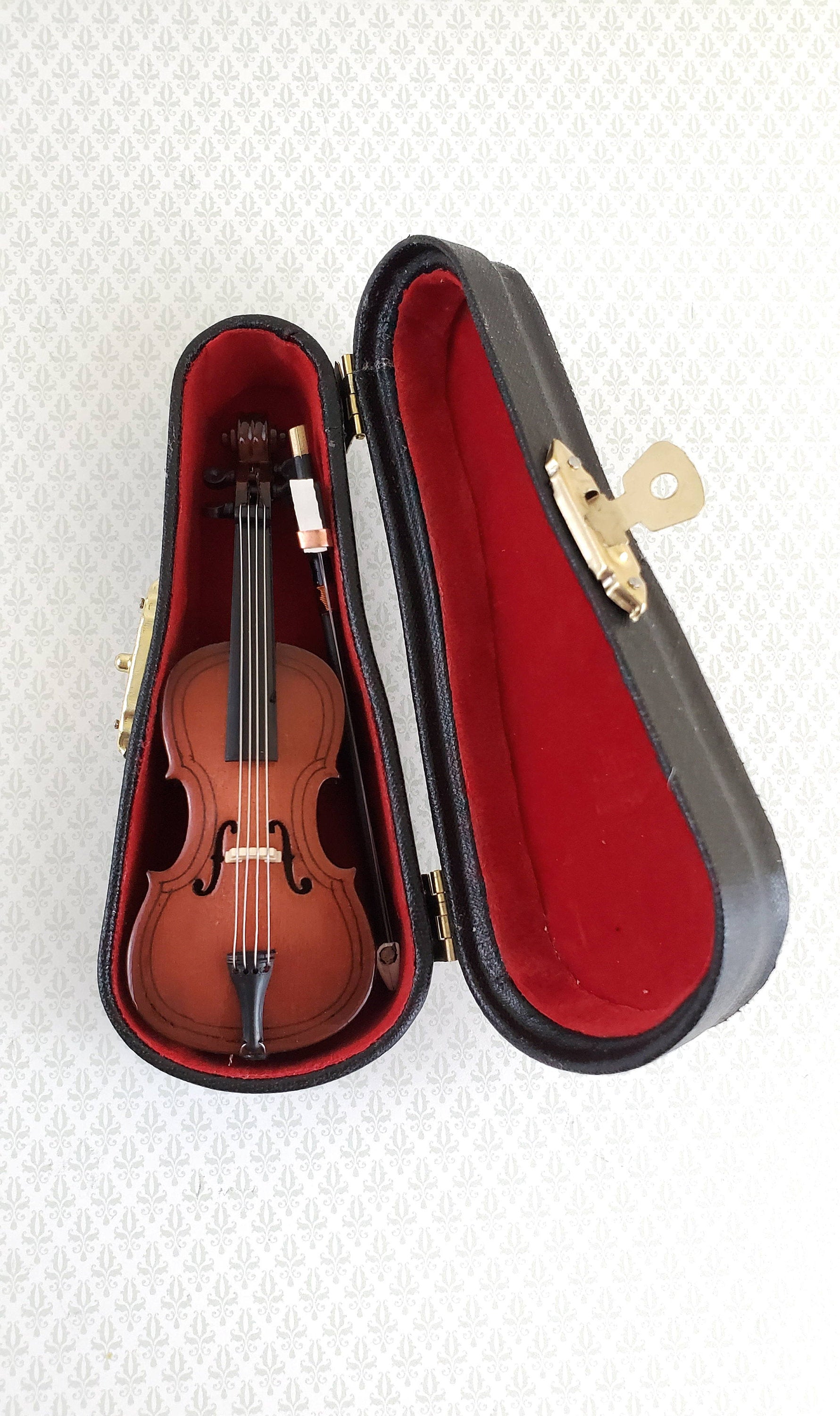 Miniature Violin and Bow Wood 2 7/8" Dollhouse Tiny Instrument Music Room