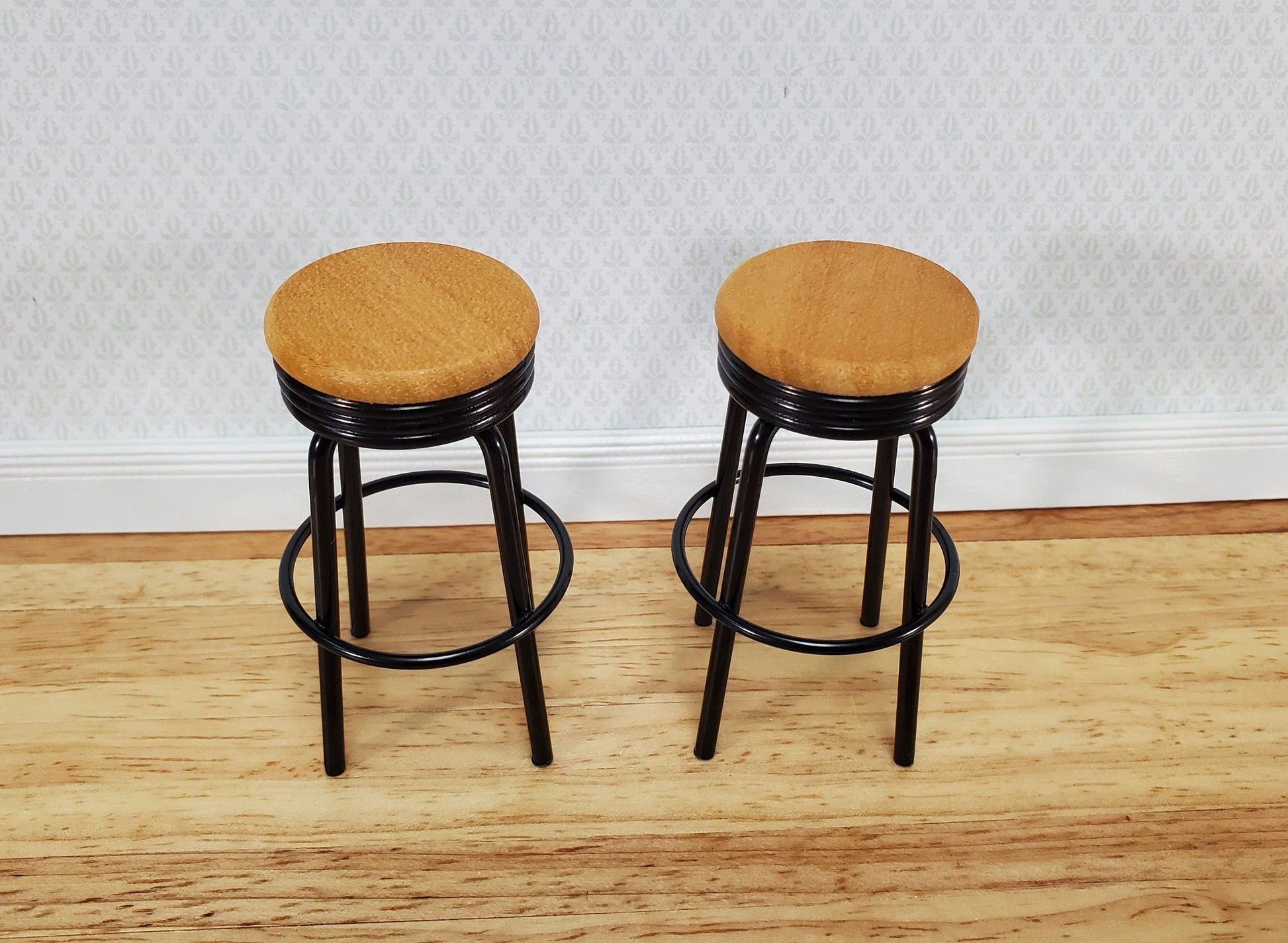 Dollhouse Bar Stools x2 Metal and Wood Black Finish 1:12 Scale Miniature Modern Furniture
