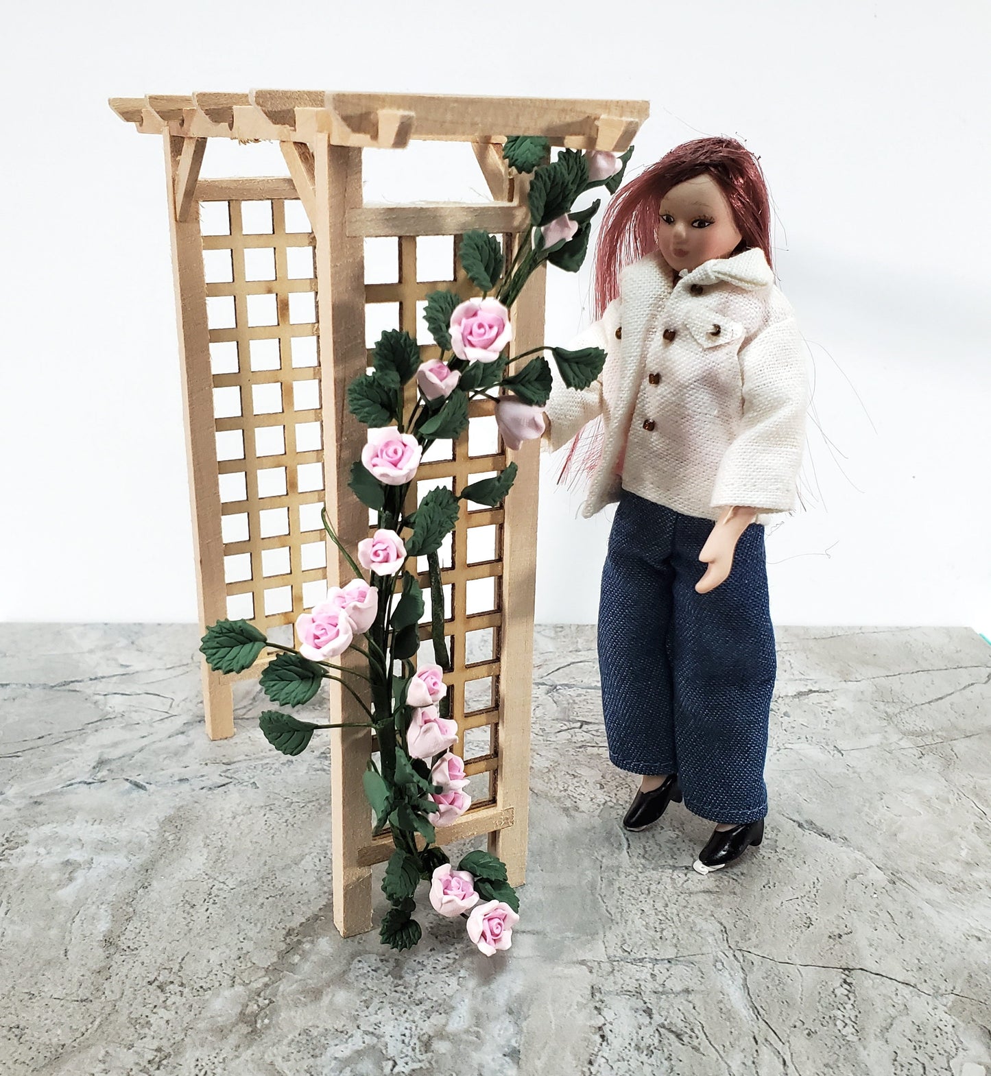 Dollhouse Climbing Roses Pink Bendable 7" Clay Miniature Flowers Garden