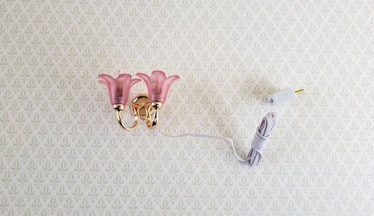 Dollhouse Miniature Sconce Double Flower Pink Shade 12 Volt w/ Plug 1:12 Scale
