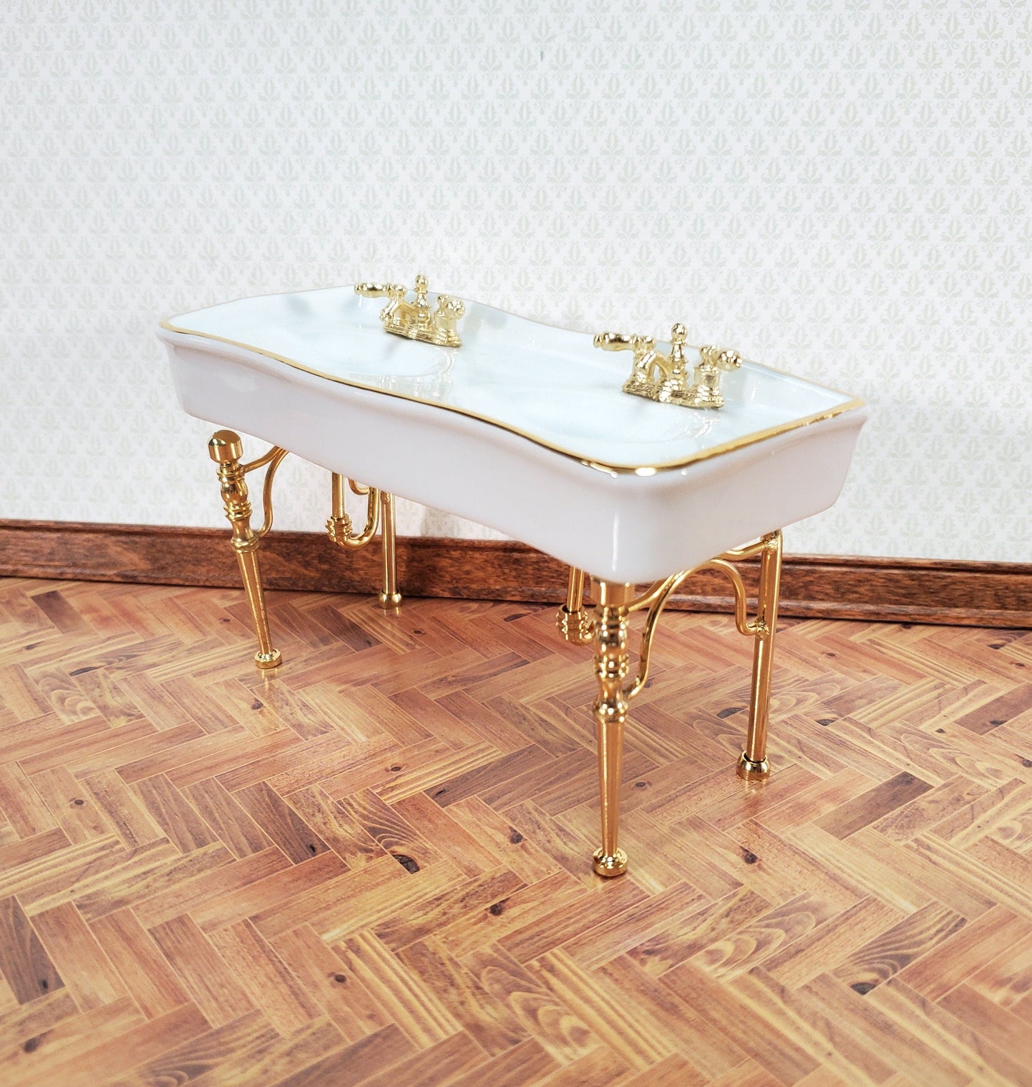 Reutter Porcelain Dollhouse Double Sink White Gold Bathroom 1:12 Scale Miniature
