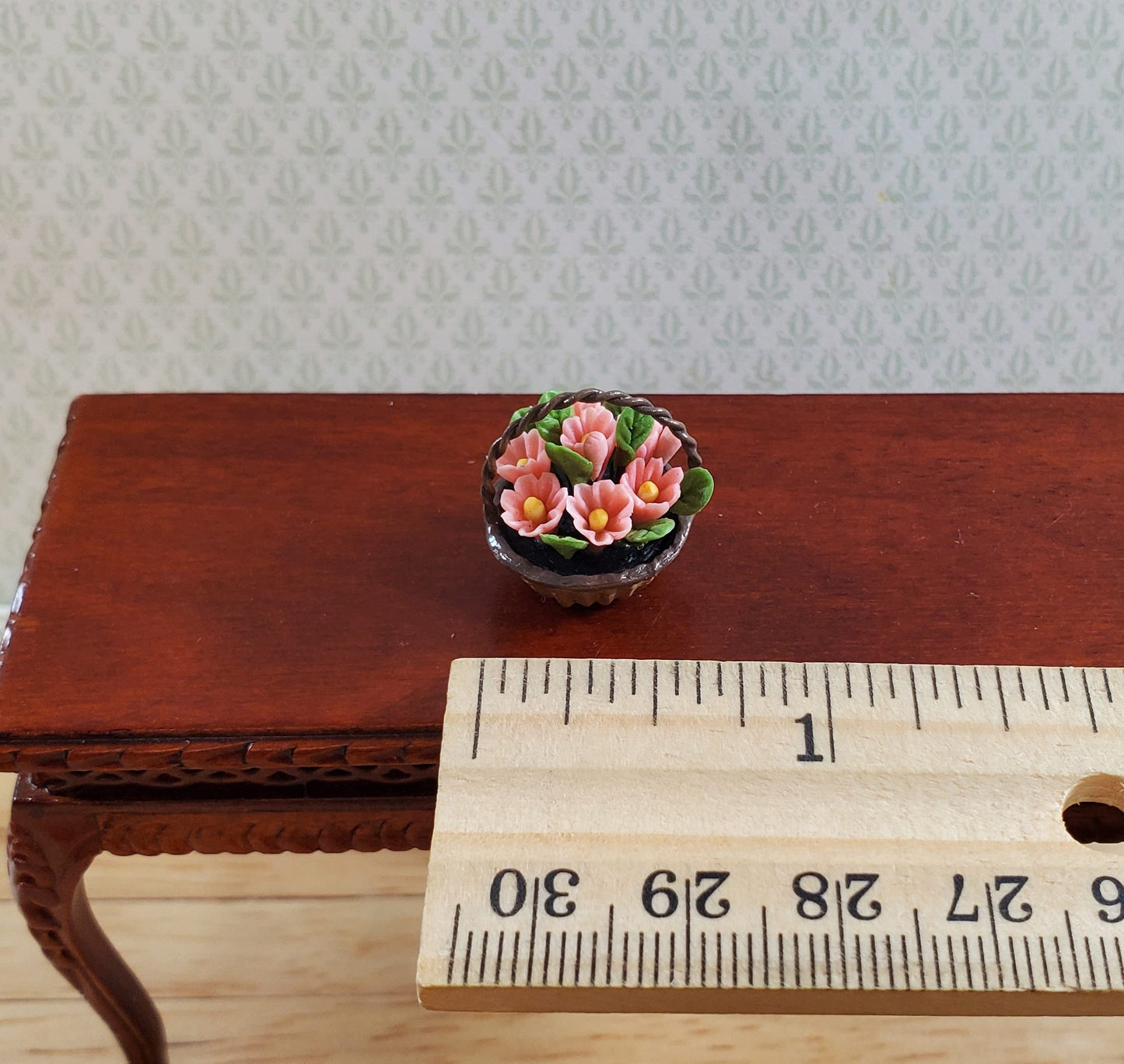 Dollhouse Pink Daisies in a Small Basket 1:12 Scale Miniature Flowers by Falcon