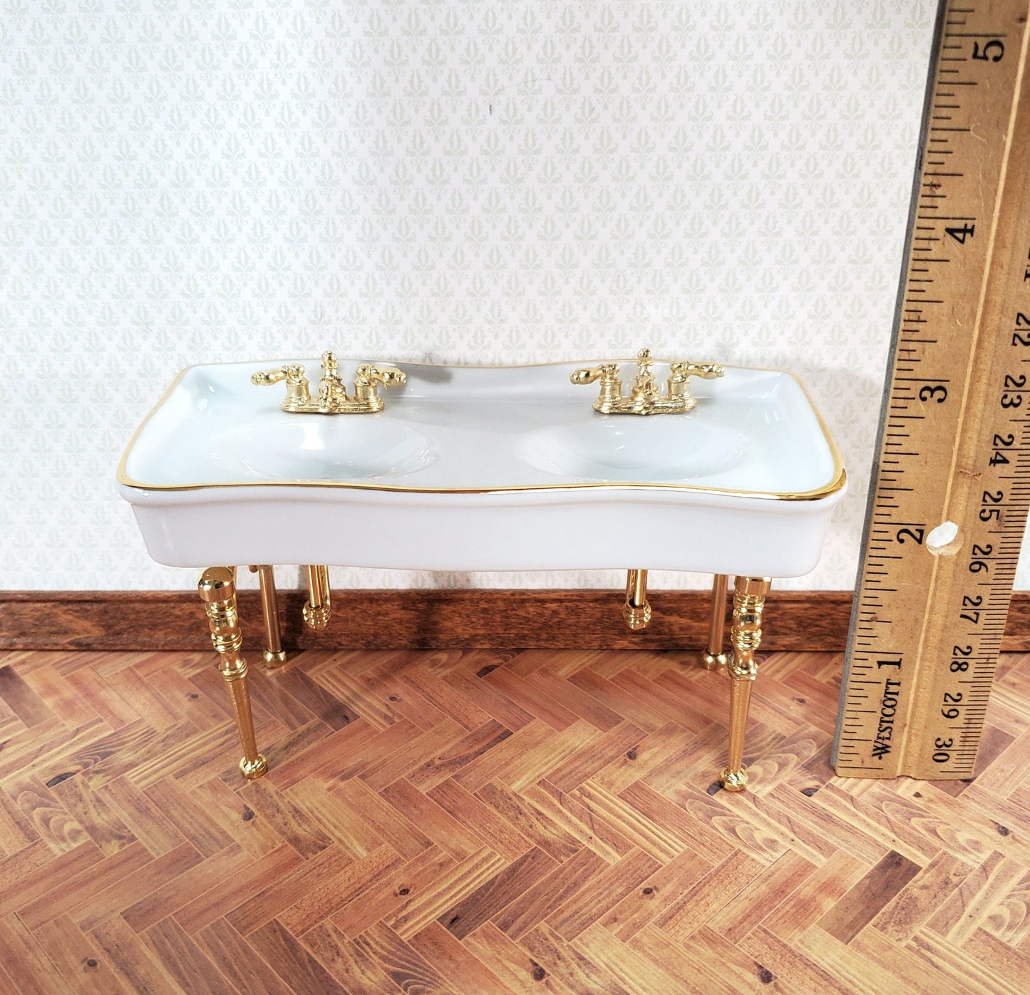 Reutter Porcelain Dollhouse Double Sink White Gold Bathroom 1:12 Scale Miniature
